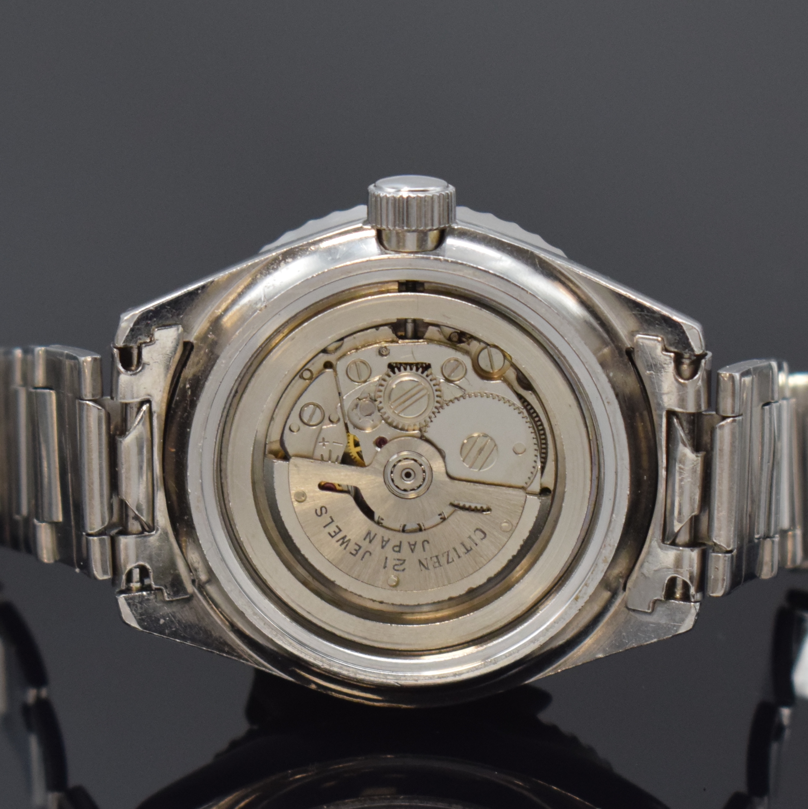 Detail e: CITIZEN Taucherarmbanduhr Referenz 4-600851 Y, Automatik, Japan 1970er Jahre, Edelstahlgeh. inkl. orig. Gliederband m. Faltschl., Boden und Krone ...