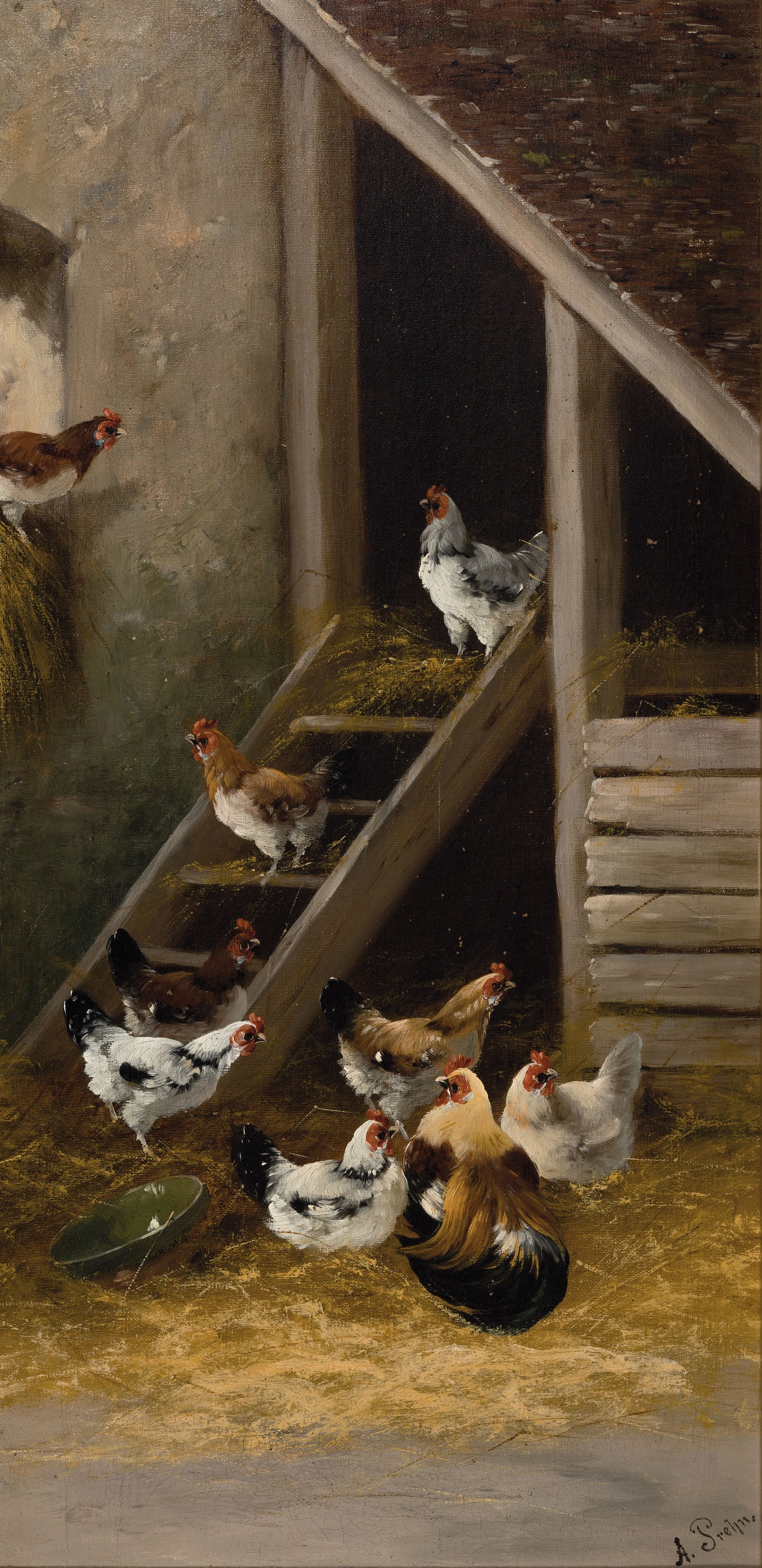 Alfred Prehn, 19./20. Jahrhundert, zwei Pendants, Hühner im Stall, Öl/Lwd, signiert, ca. 32 x 63 cm, l. Altersspuren, Rahmen, ca. 74 x 43 cm