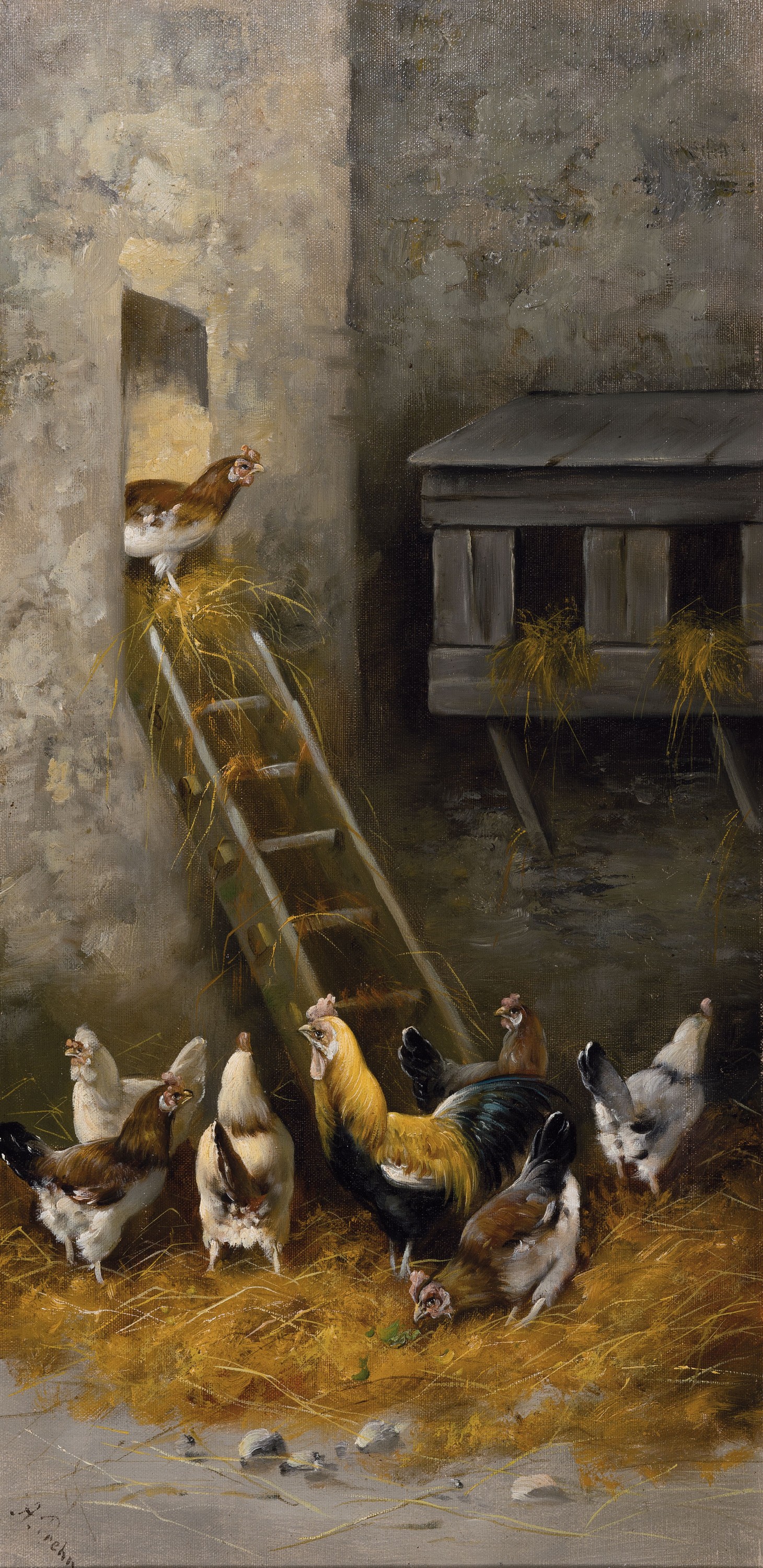 Detail a: Alfred Prehn, 19./20. Jahrhundert, zwei Pendants, Hühner im Stall, Öl/Lwd, signiert, ca. 32 x 63 cm, l. Altersspuren, Rahmen, ca. 74 x 43 cm