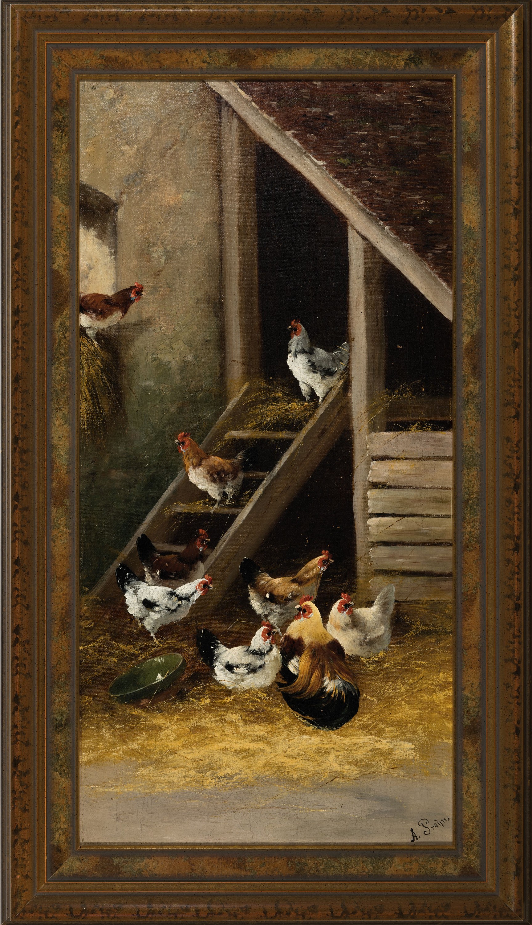 Detail k: Alfred Prehn, 19./20. Jahrhundert, zwei Pendants, Hühner im Stall, Öl/Lwd, signiert, ca. 32 x 63 cm, l. Altersspuren, Rahmen, ca. 74 x 43 cm