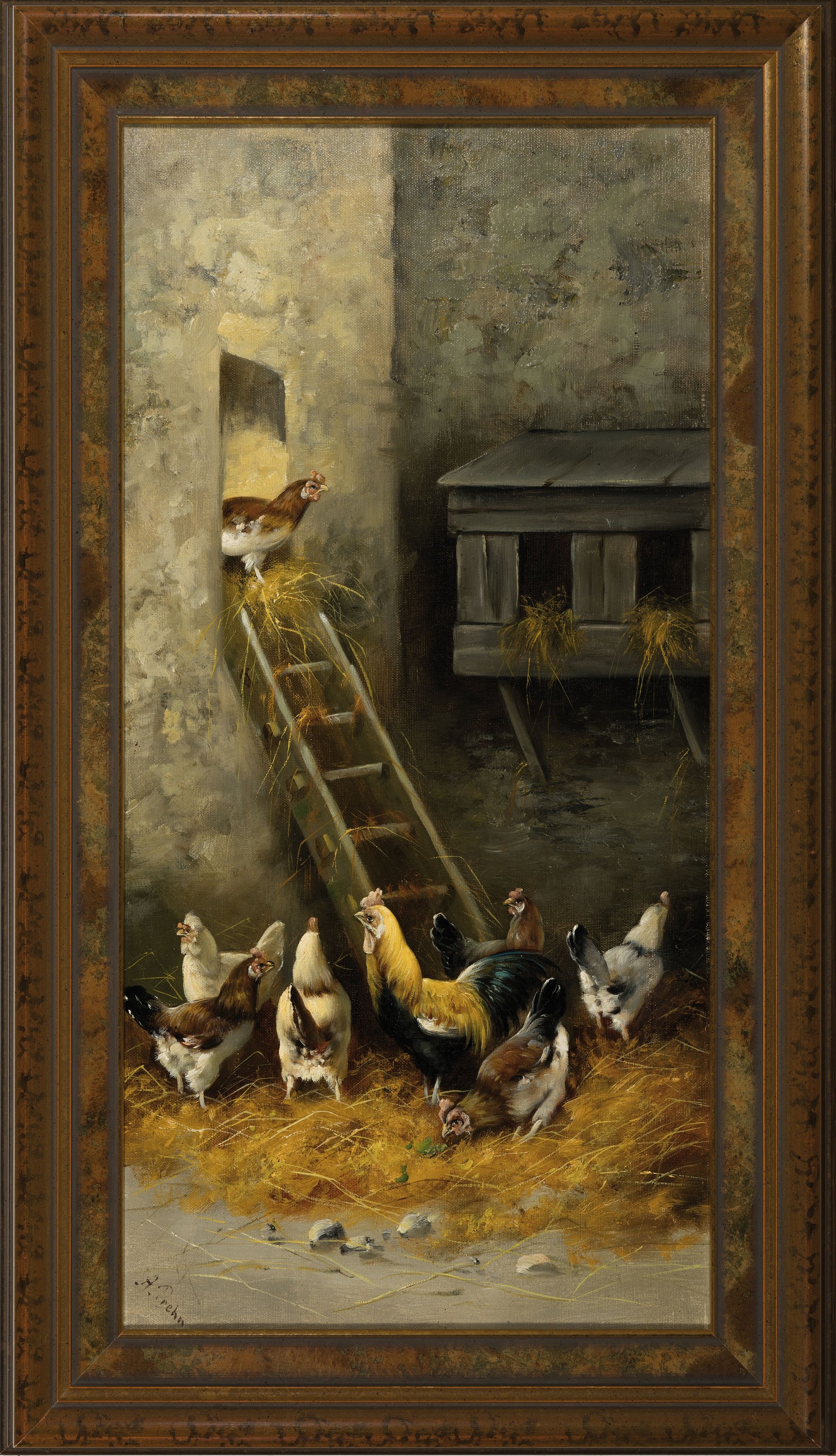 Detail l: Alfred Prehn, 19./20. Jahrhundert, zwei Pendants, Hühner im Stall, Öl/Lwd, signiert, ca. 32 x 63 cm, l. Altersspuren, Rahmen, ca. 74 x 43 cm
