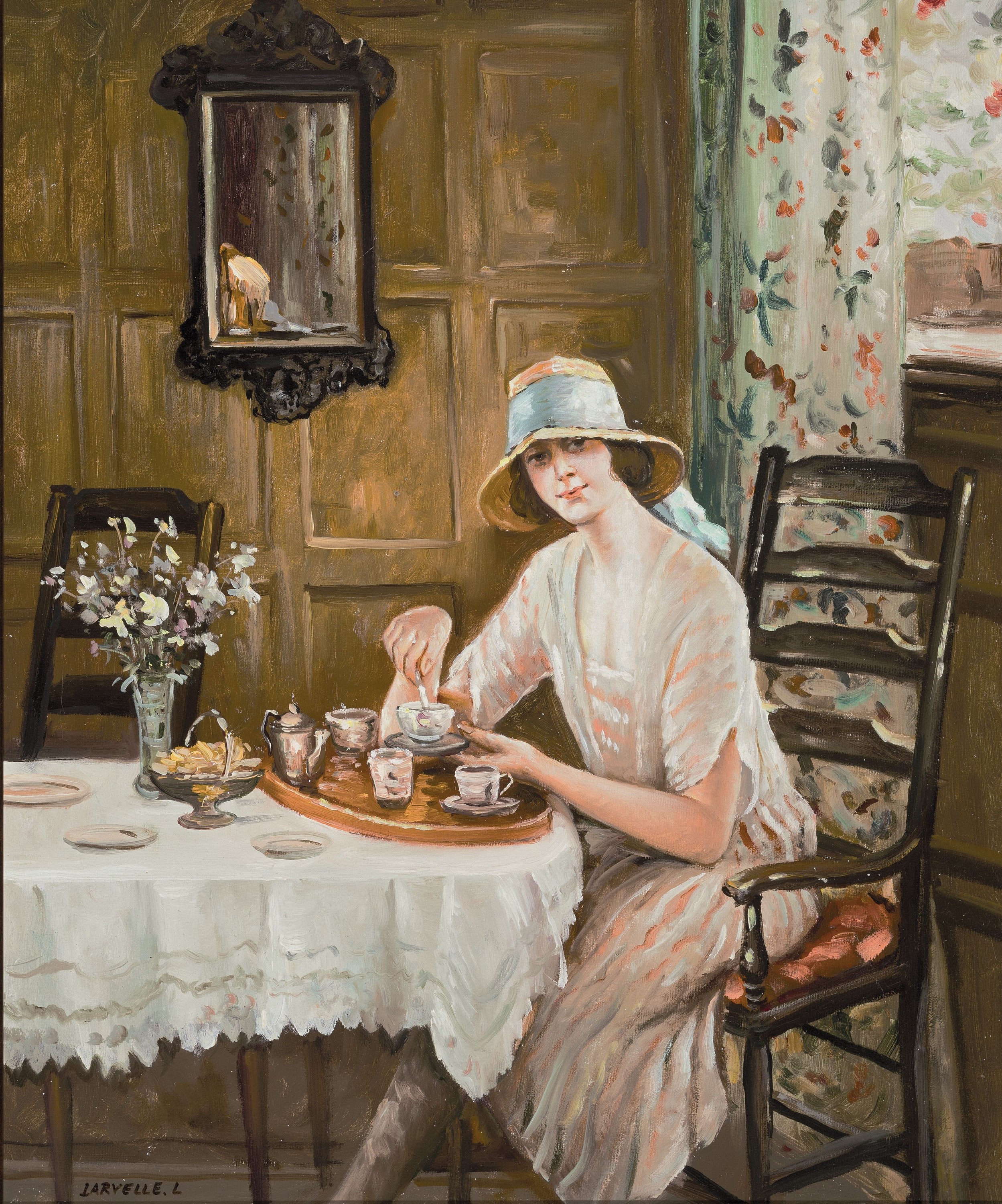Larvelle, L., 2. Hälfte 20. Jh.,, Frau am Kaffeetisch, Interieur,, Öl/Lwd, signiert, ca.50 x 60 cm, Rahmen ca. 72 x 62 cm