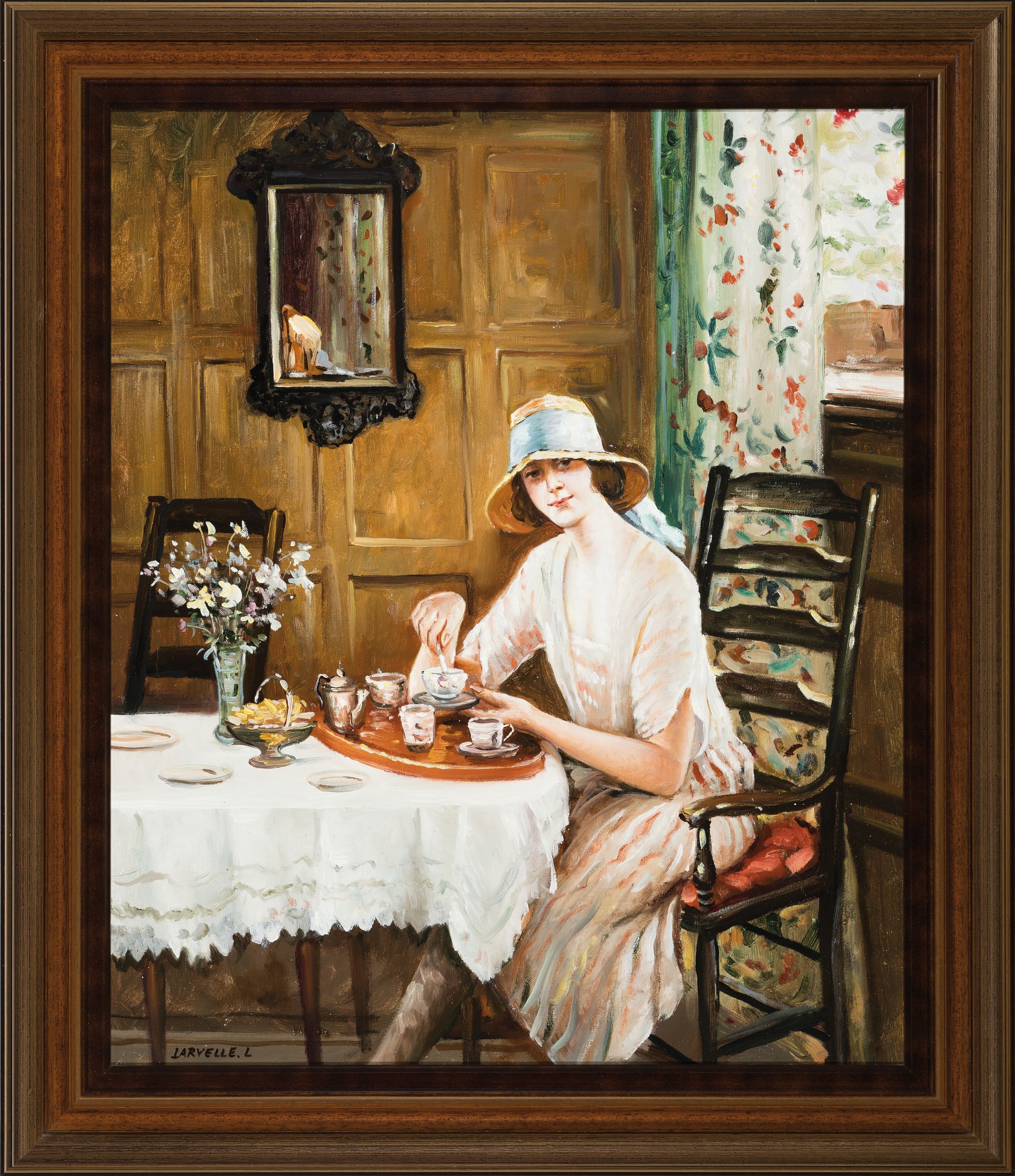 Detail k: Larvelle, L., 2. Hälfte 20. Jh.,, Frau am Kaffeetisch, Interieur,, Öl/Lwd, signiert, ca.50 x 60 cm, Rahmen ca. 72 x 62 cm