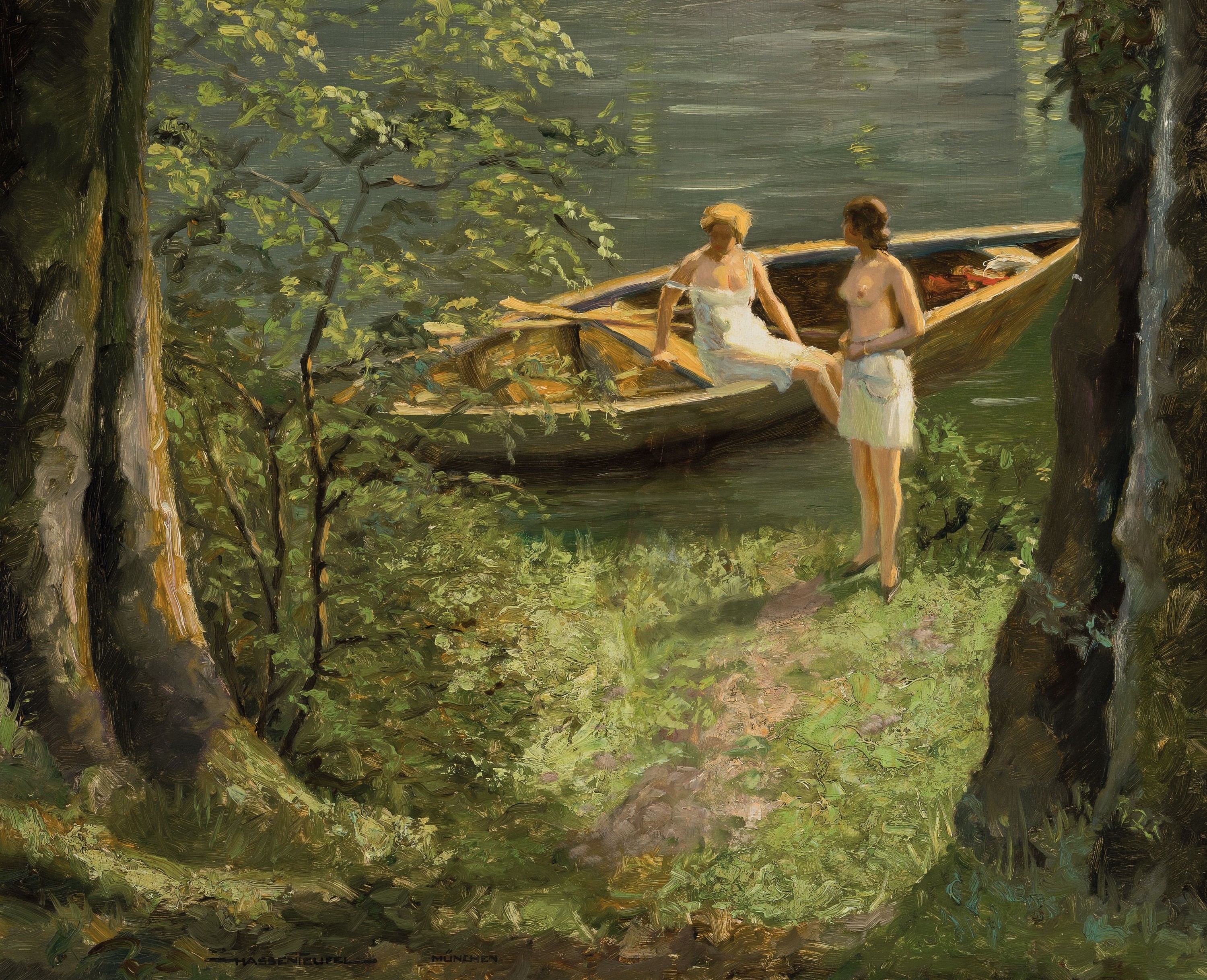 Hans Hassenteufel, 1887 Hamburg - 1943 München, sommerliche Seenlandschaft mit zwei badenden Damen im Ruderboot, idyllische Darstellung der Frauen ...
