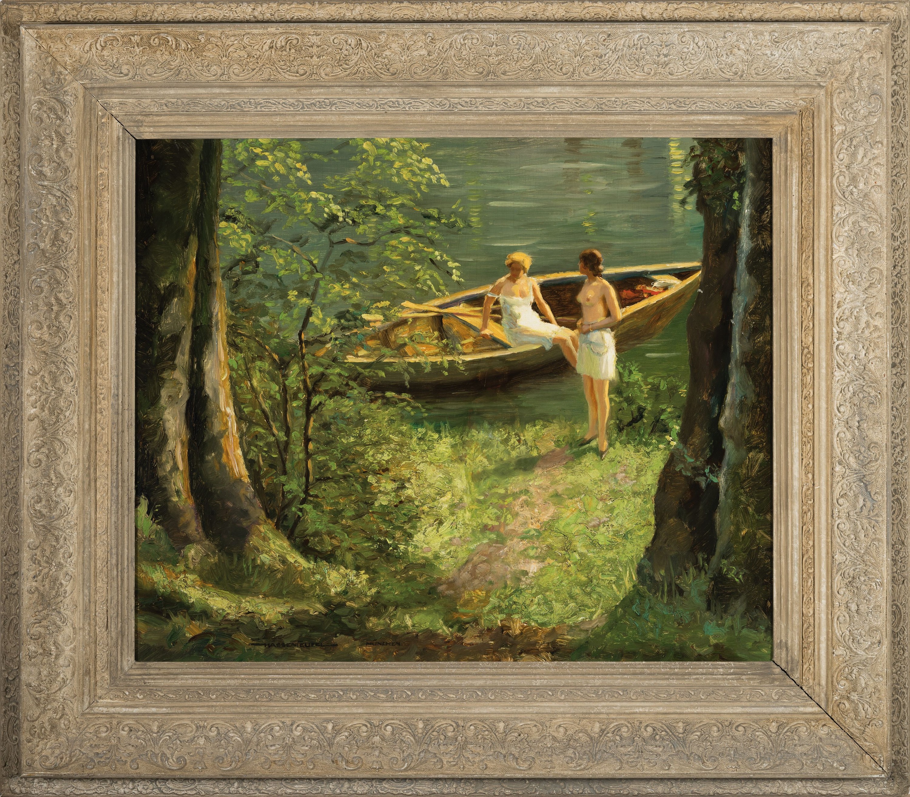 Detail k: Hans Hassenteufel, 1887 Hamburg - 1943 München, sommerliche Seenlandschaft mit zwei badenden Damen im Ruderboot, idyllische Darstellung der Frauen ...