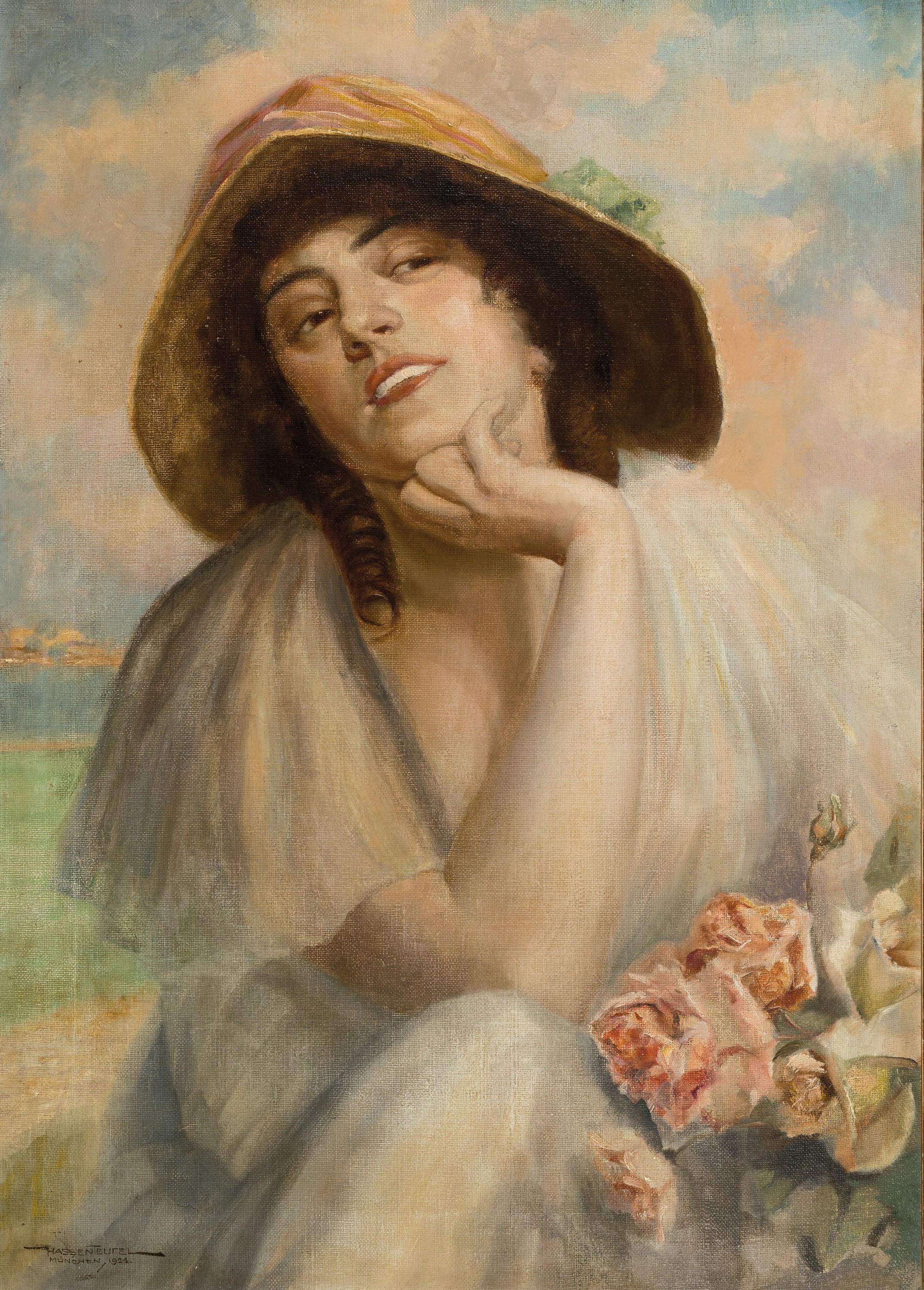 Hans Hassenteufel, 1887 Hamburg - 1943 München, " Mädchen mit Rosen " kokett lächelnde junge Dame im weißen Sommerkleid, den Kopf etwas ...