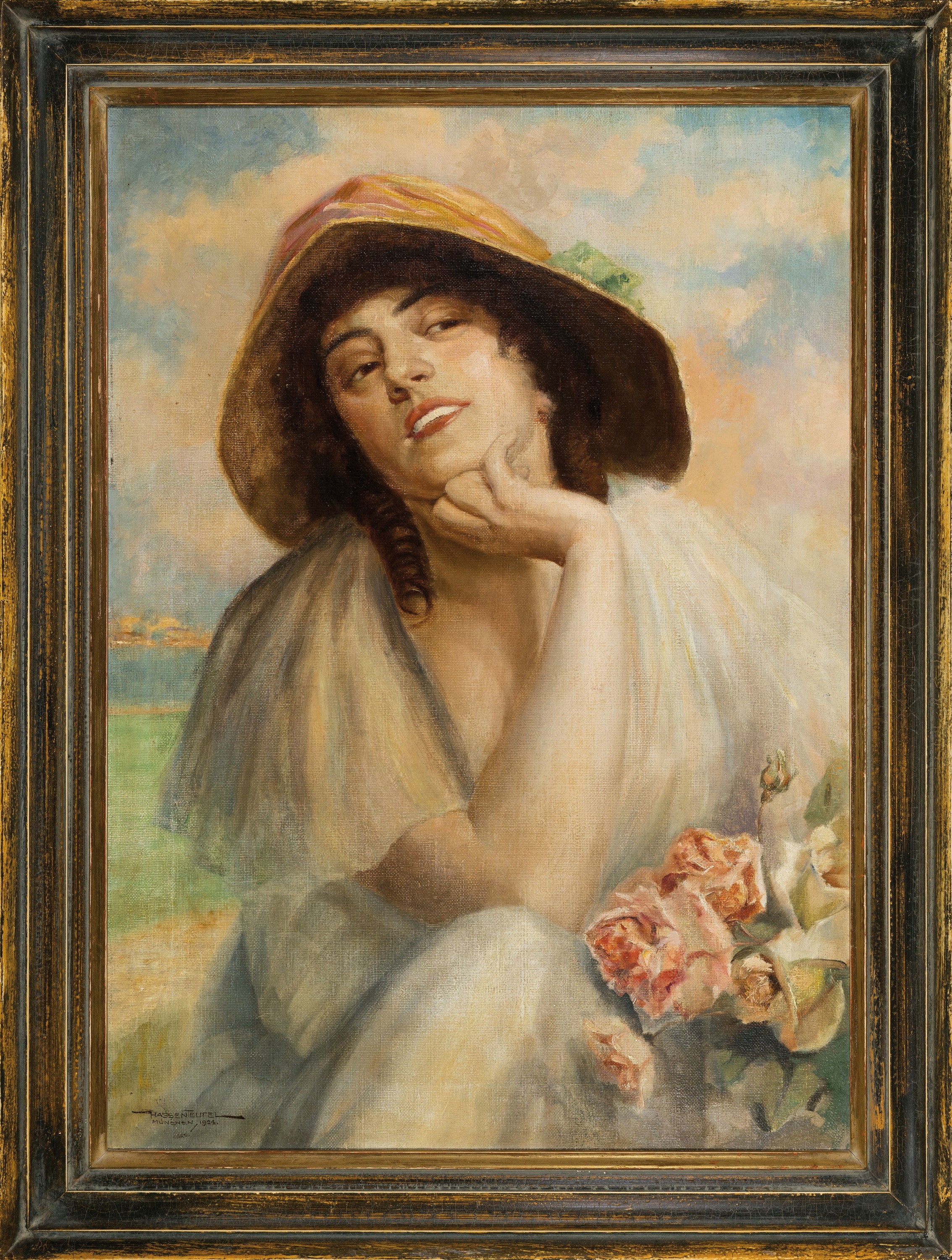 Detail k: Hans Hassenteufel, 1887 Hamburg - 1943 München, " Mädchen mit Rosen " kokett lächelnde junge Dame im weißen Sommerkleid, den Kopf etwas ...