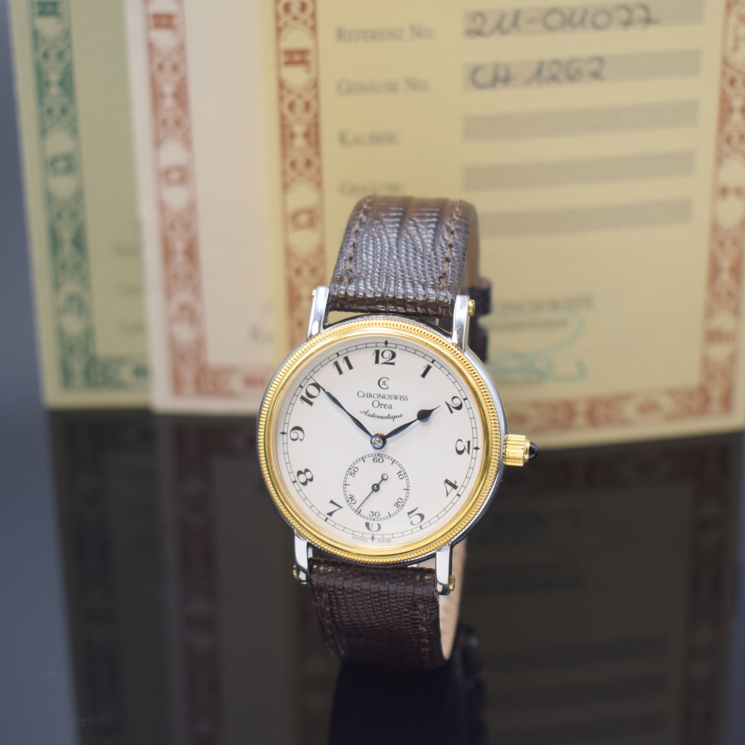 CHRONOSWISS seltene Herrenarmbanduhr Orea Referenz CH 1262, Automatik, Schweiz um 2003, Edelstahl/Gold kombiniert inkl. orig. Lederband m. orig. ...