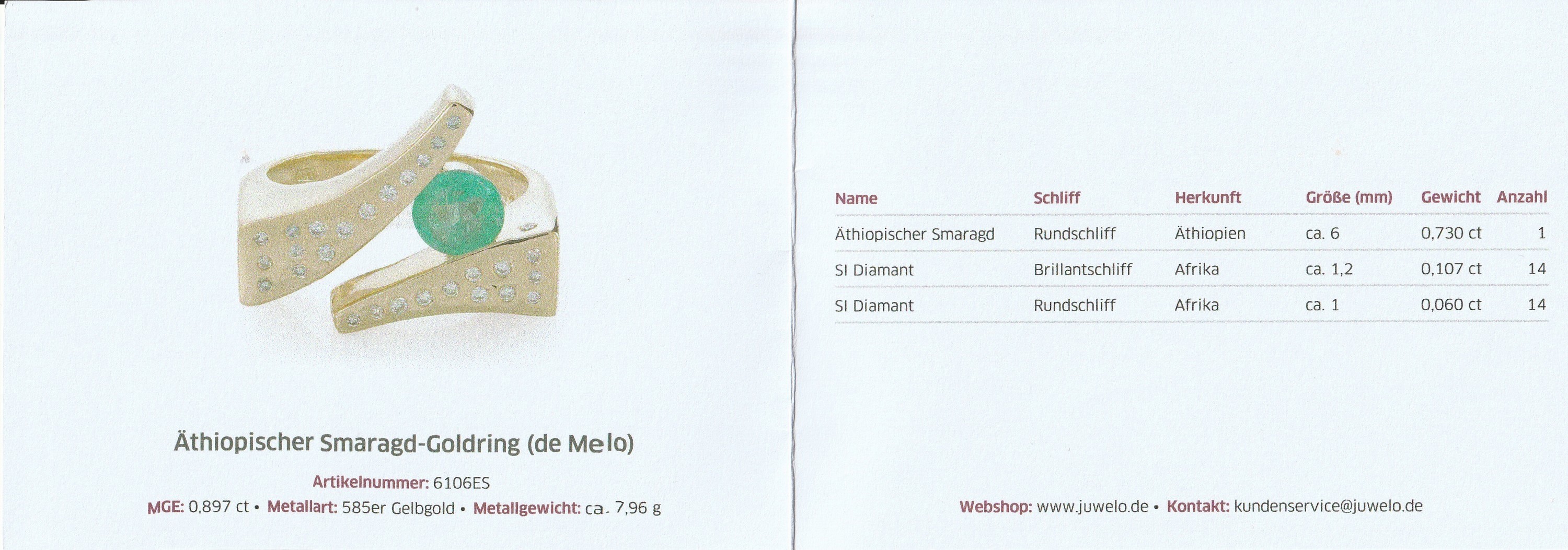 Detail a: 14 kt Gold Brillant-Smaragd-Ring, GG 585/000, rundfacett. äthiopischer Smaragd ca. 0.73 ct, 15 Brillanten zus. ca. 0.107 ct feines Weiß-Weiß/si, ...