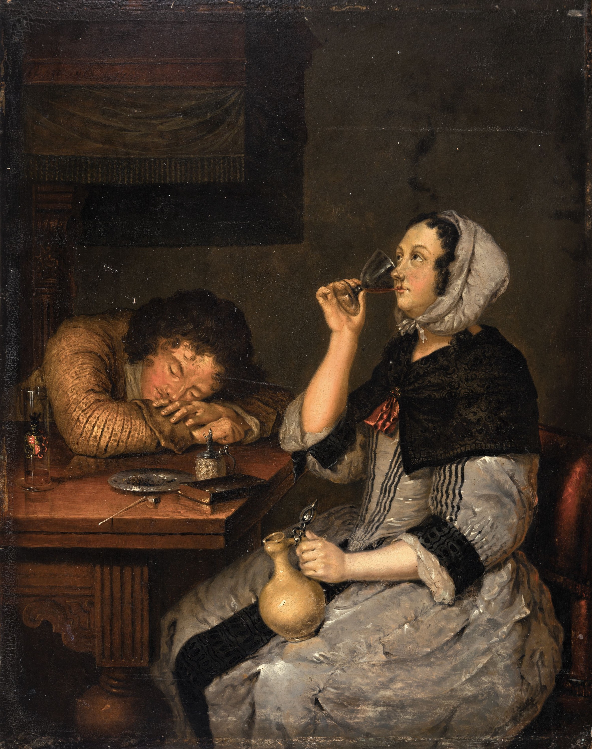 Niederländischer Kopist, dat. 1764, nach Gerard ter Borch (1617-1681) jungen Frau nebst einem betrunken eingeschlafenen Soldaten, Öl/Holz, links ...
