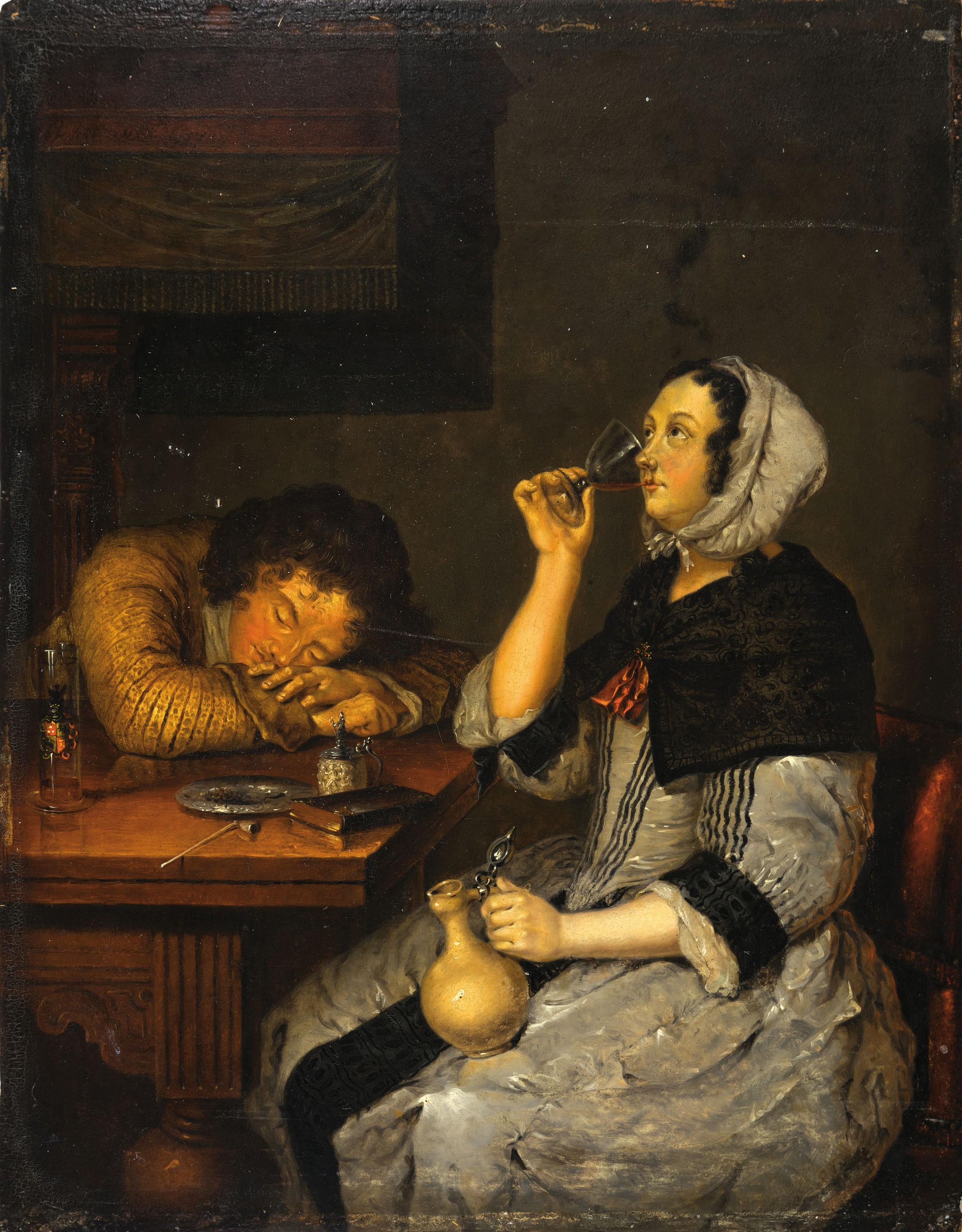 Detail k: Niederländischer Kopist, dat. 1764, nach Gerard ter Borch (1617-1681) jungen Frau nebst einem betrunken eingeschlafenen Soldaten, Öl/Holz, links ...