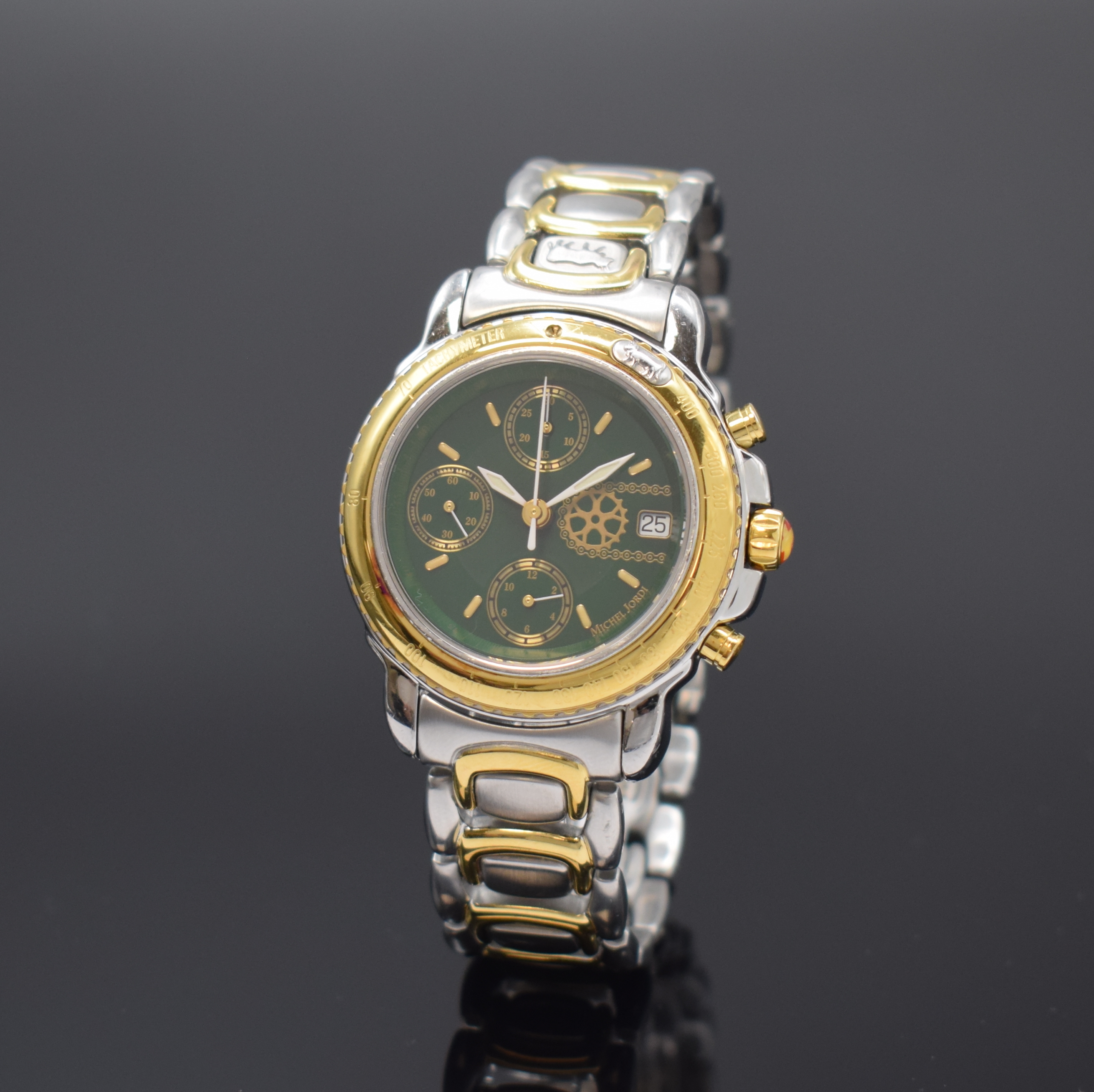 MICHEL JORDI Armbandchronograph Ethno Chrono, Automatik, Schweiz um 1991, Edelstahl/Gold komb. inkl. Gliederband m. Faltschl., beids. vergl., Boden ...
