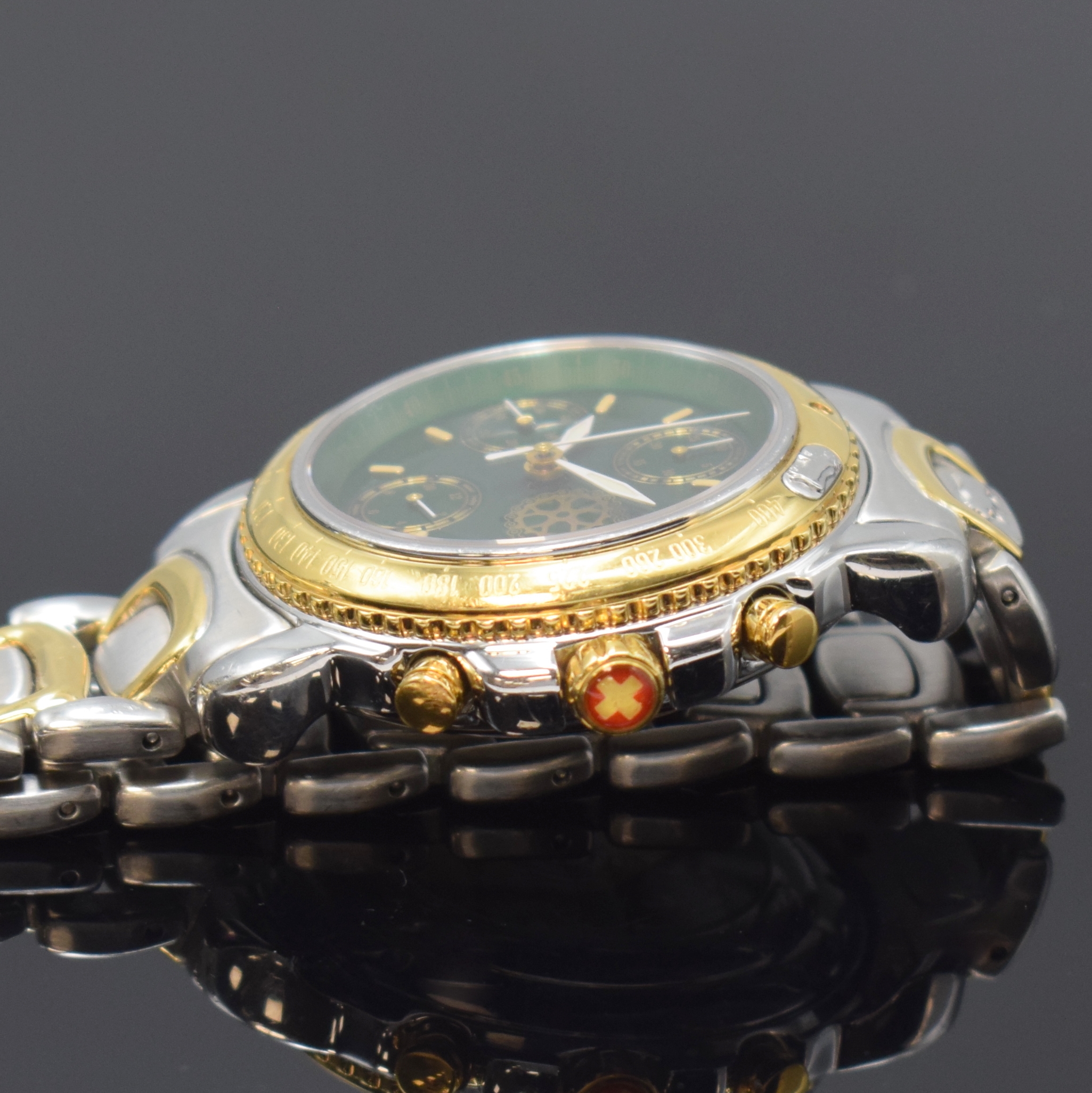 Detail c: MICHEL JORDI Armbandchronograph Ethno Chrono, Automatik, Schweiz um 1991, Edelstahl/Gold komb. inkl. Gliederband m. Faltschl., beids. vergl., Boden ...