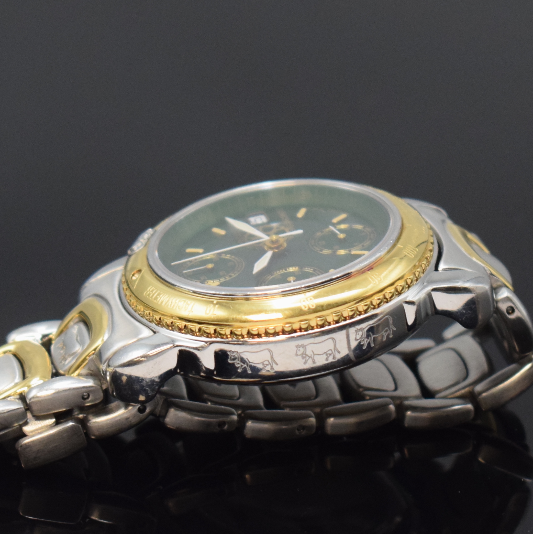 Detail f: MICHEL JORDI Armbandchronograph Ethno Chrono, Automatik, Schweiz um 1991, Edelstahl/Gold komb. inkl. Gliederband m. Faltschl., beids. vergl., Boden ...