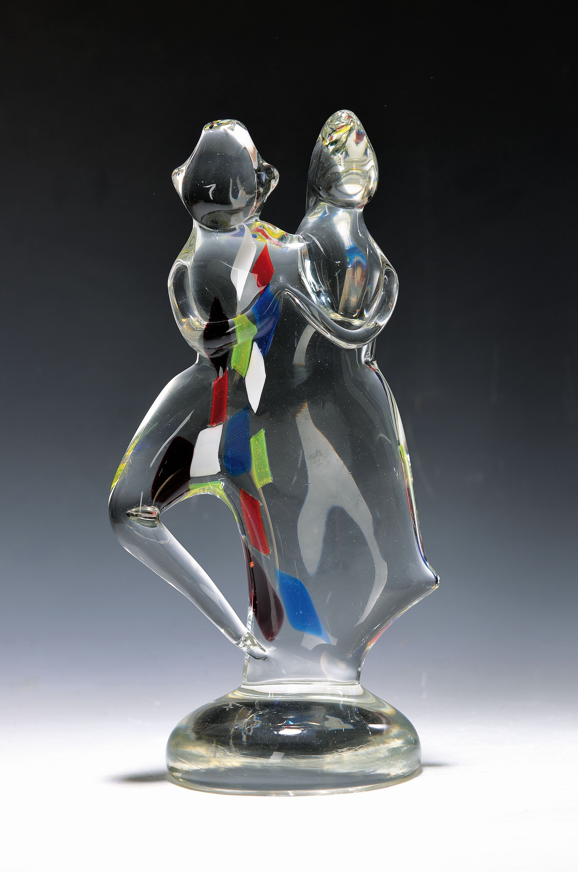 Ermanno Nason, 1928-2013, Glasskulptur, "Carnevale", um 1975, farbloses Glas mit farbigen Einschmelzungen, am Boden signiert, H. 31.5 cm