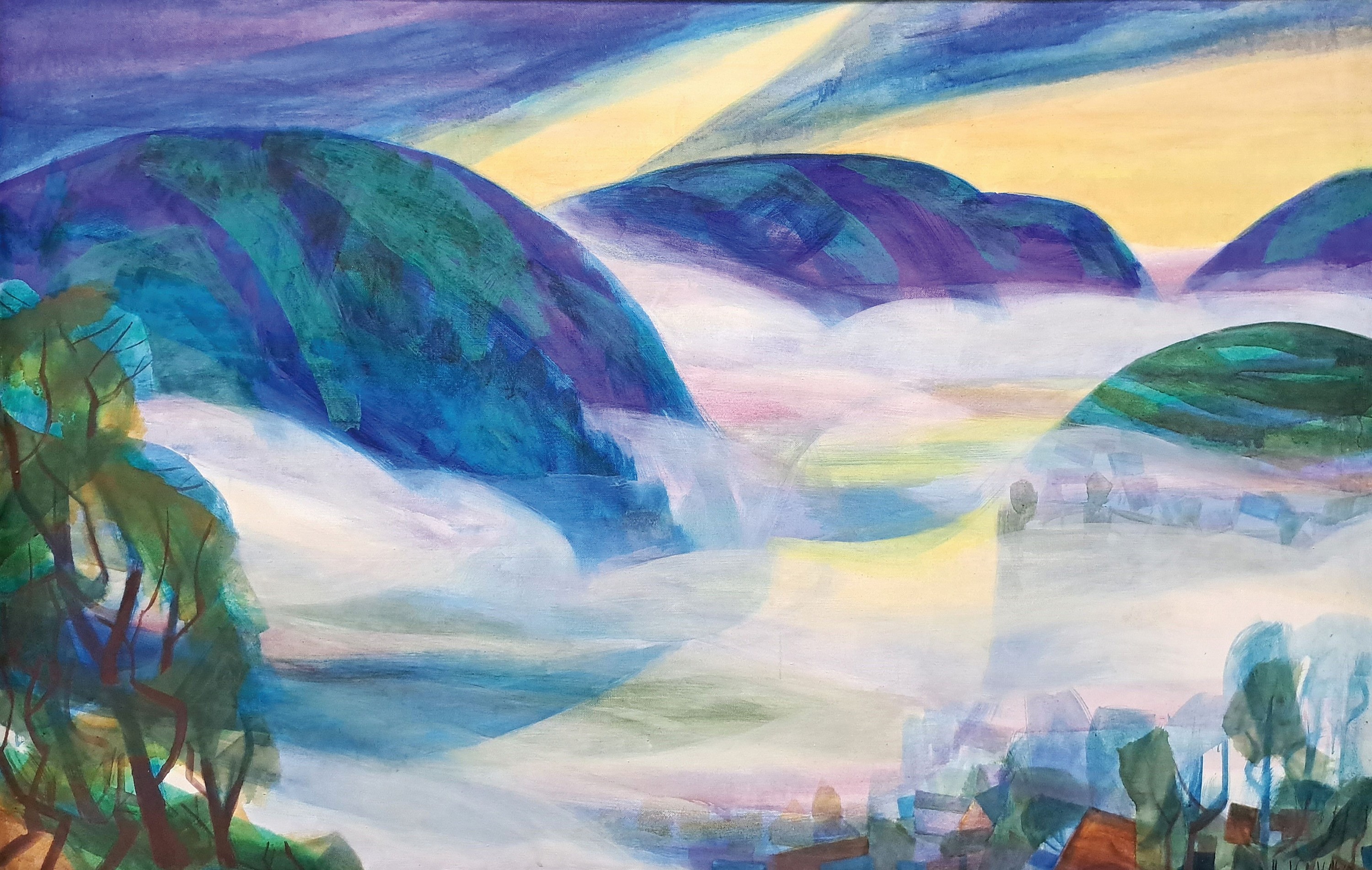 Uwe Wenk-Wolff, geb. 1929, Gebirgslandschaft mit Nebel und Ortschaft im Vordergrund, Öl/Lwd, rechts unten signiert, ca. 100x150cm, R. ca. 103x153cm