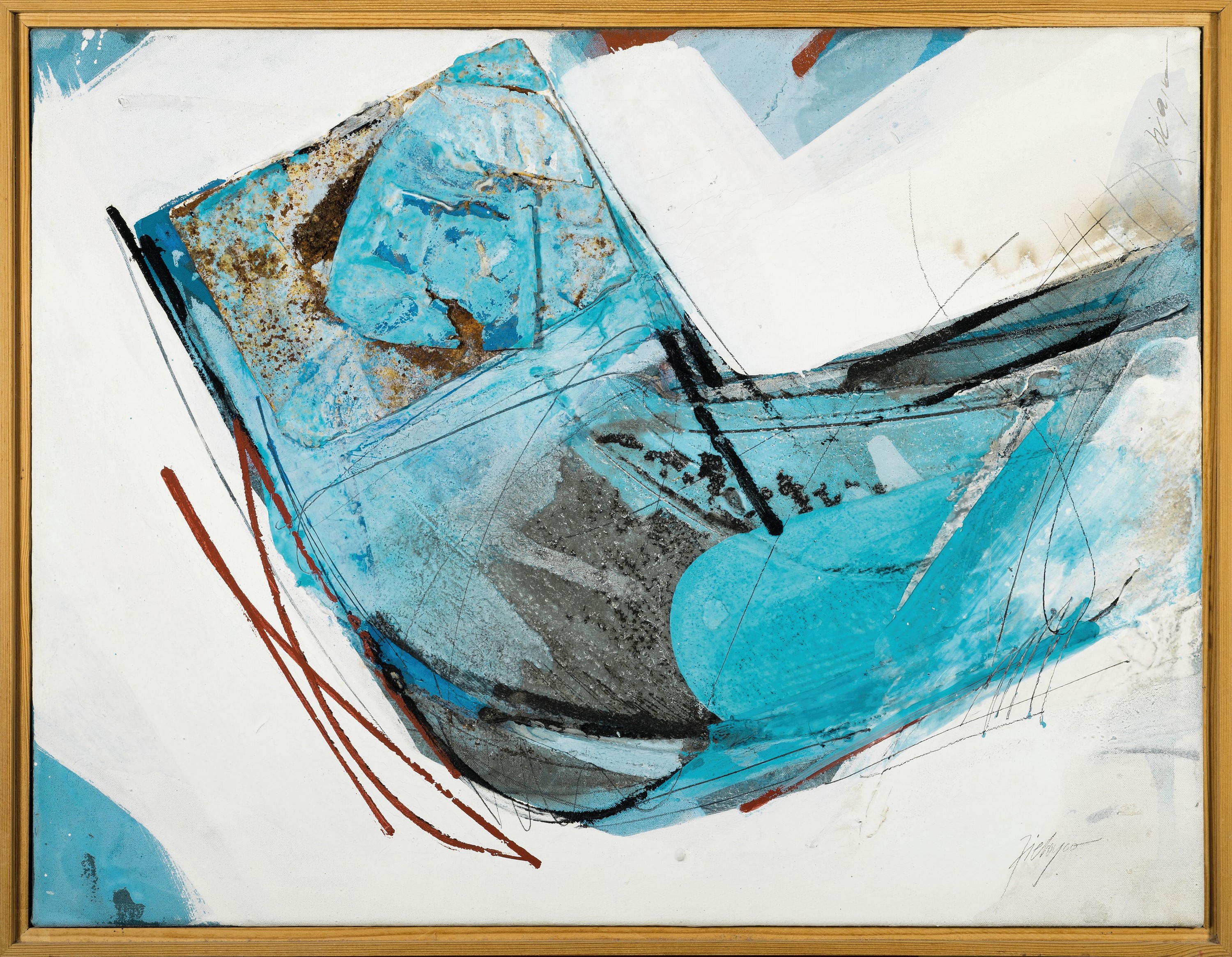 Detail k: Robert Zielasco, geb. 1948, Abstrakte Komposition, Öl/Lwd mit Metal collagiert, rechts unten signiert, ca. 50x65cm, R. ca. 54x69cm