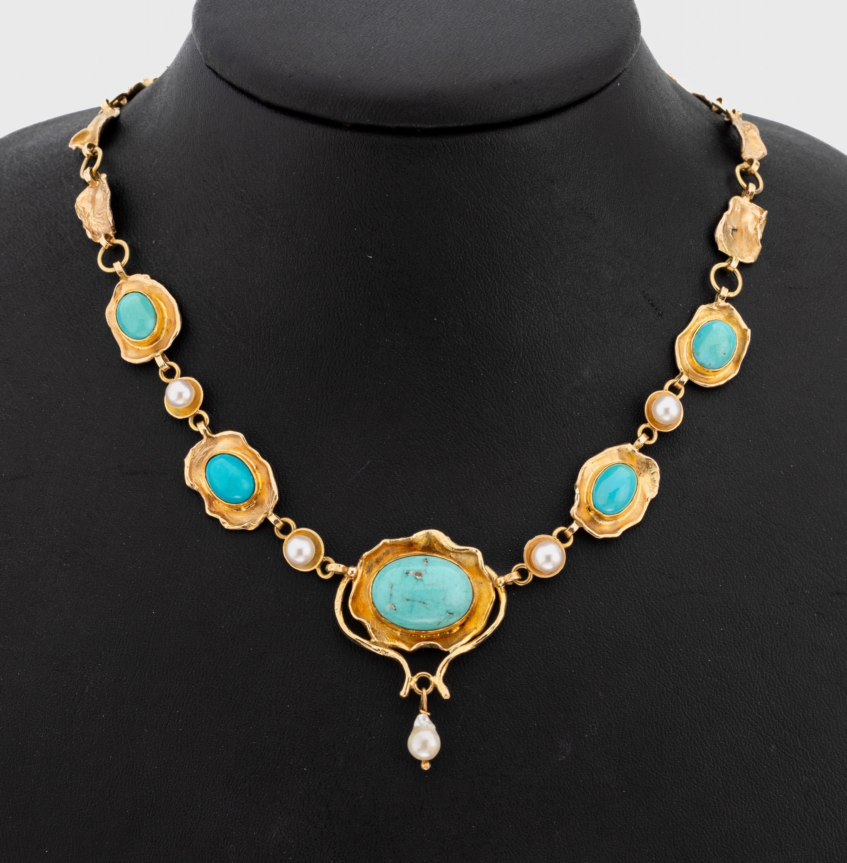 14 kt Gold Türkis-Perl-Collier, GG 585/000,5 ovale Türkiscabochons, 5 weiße Zuchtperlchenca. 4.7 mm, L. ca. 43 cm, Kastenschloss mit ...