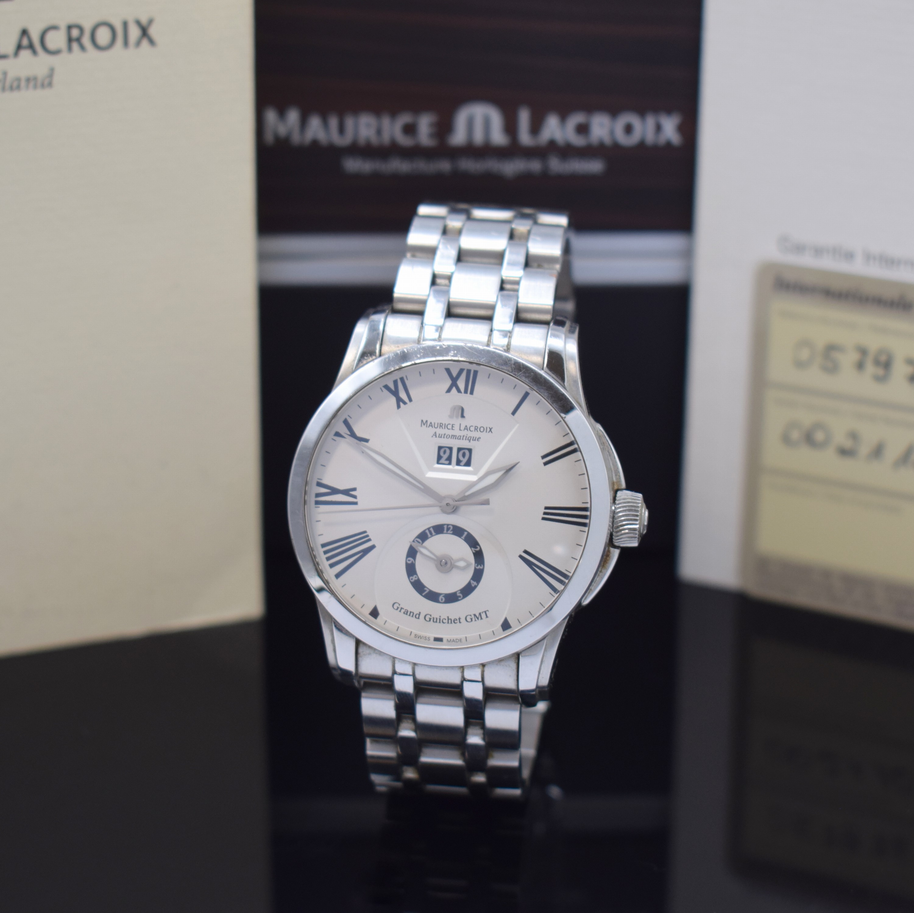 MAURICE LACROIX Herrenarmbanduhr Serie Pontos Modell Grand Guichet GMT Referenz PT6098, Schweiz um 2010, Automatik, Edelstahlgeh. inkl. orig. ...