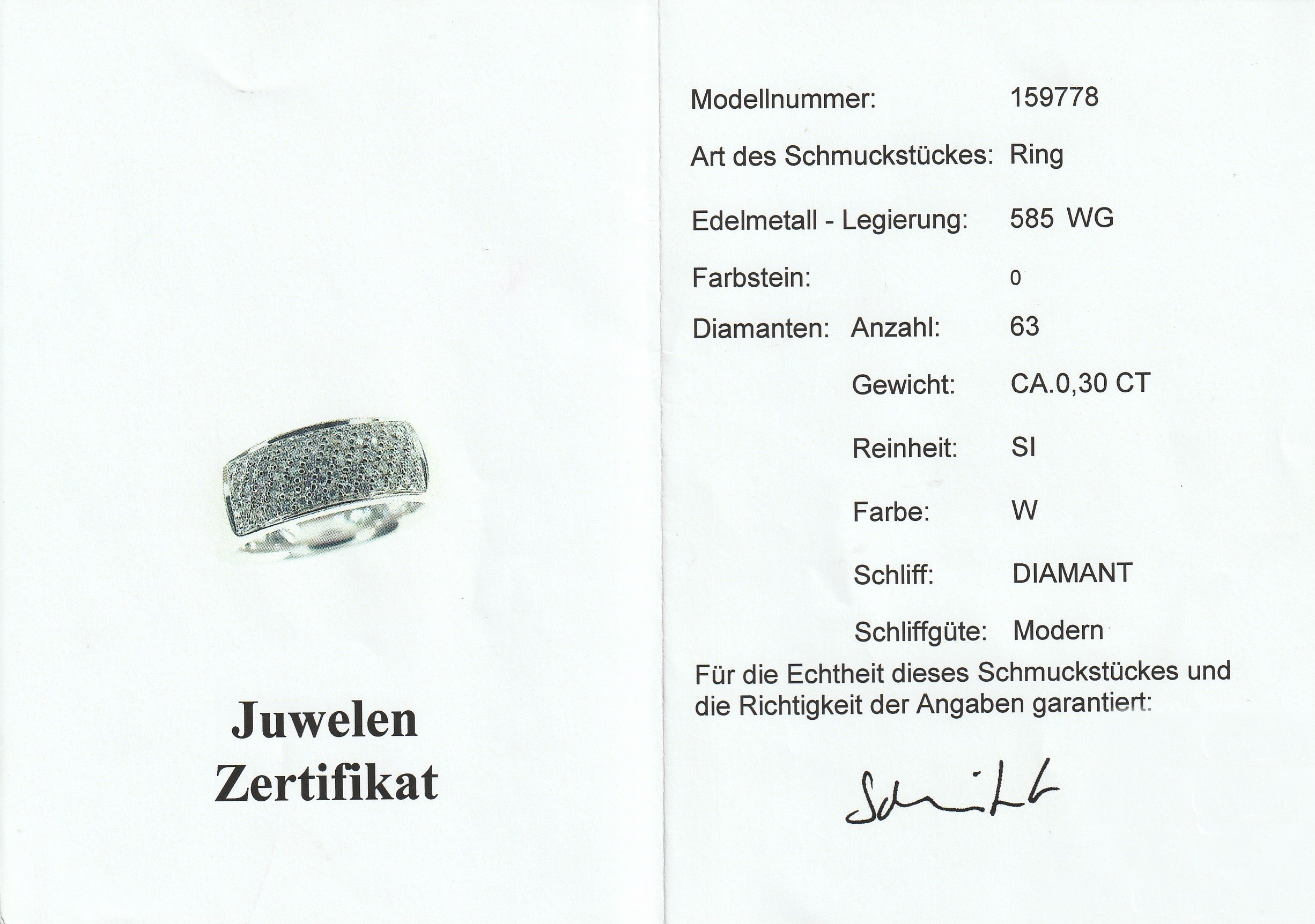 Detail a: 14 kt Gold Brillant-Ring, WG 585/000, mittig mit 63 Brillanten zus. ca. 0.30 ct Weiß/si, RW 58, ca. 8.8 g, mit Zertifikat