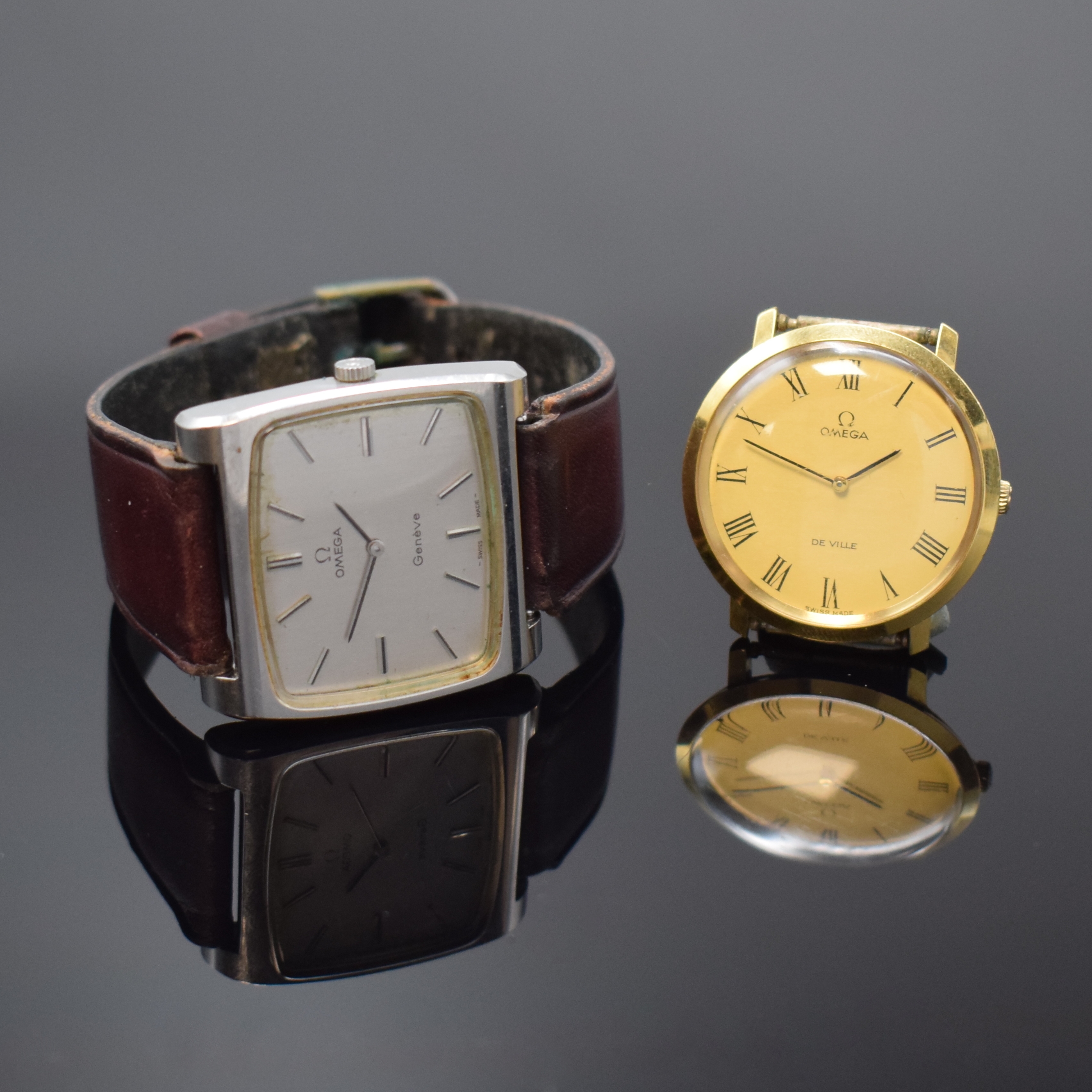 OMEGA 2 Armbanduhren Modell De Ville und Geneve, Schweiz um 1969/1972, Handaufzug, 1) De Ville Ref. 111.077, verg. Geh., Stahlboden aufgedr., gold. ...