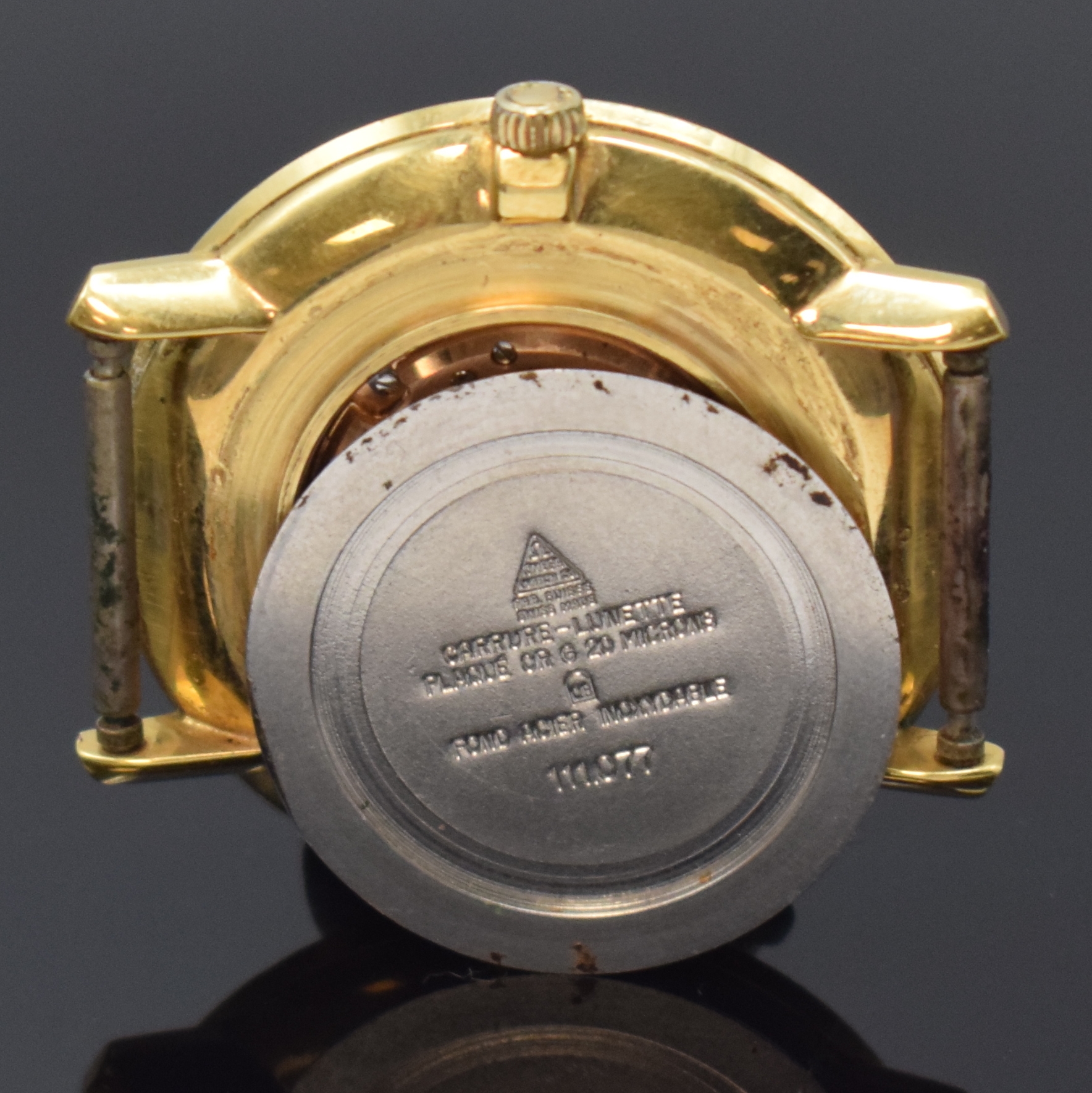 Detail d: OMEGA 2 Armbanduhren Modell De Ville und Geneve, Schweiz um 1969/1972, Handaufzug, 1) De Ville Ref. 111.077, verg. Geh., Stahlboden aufgedr., gold. ...