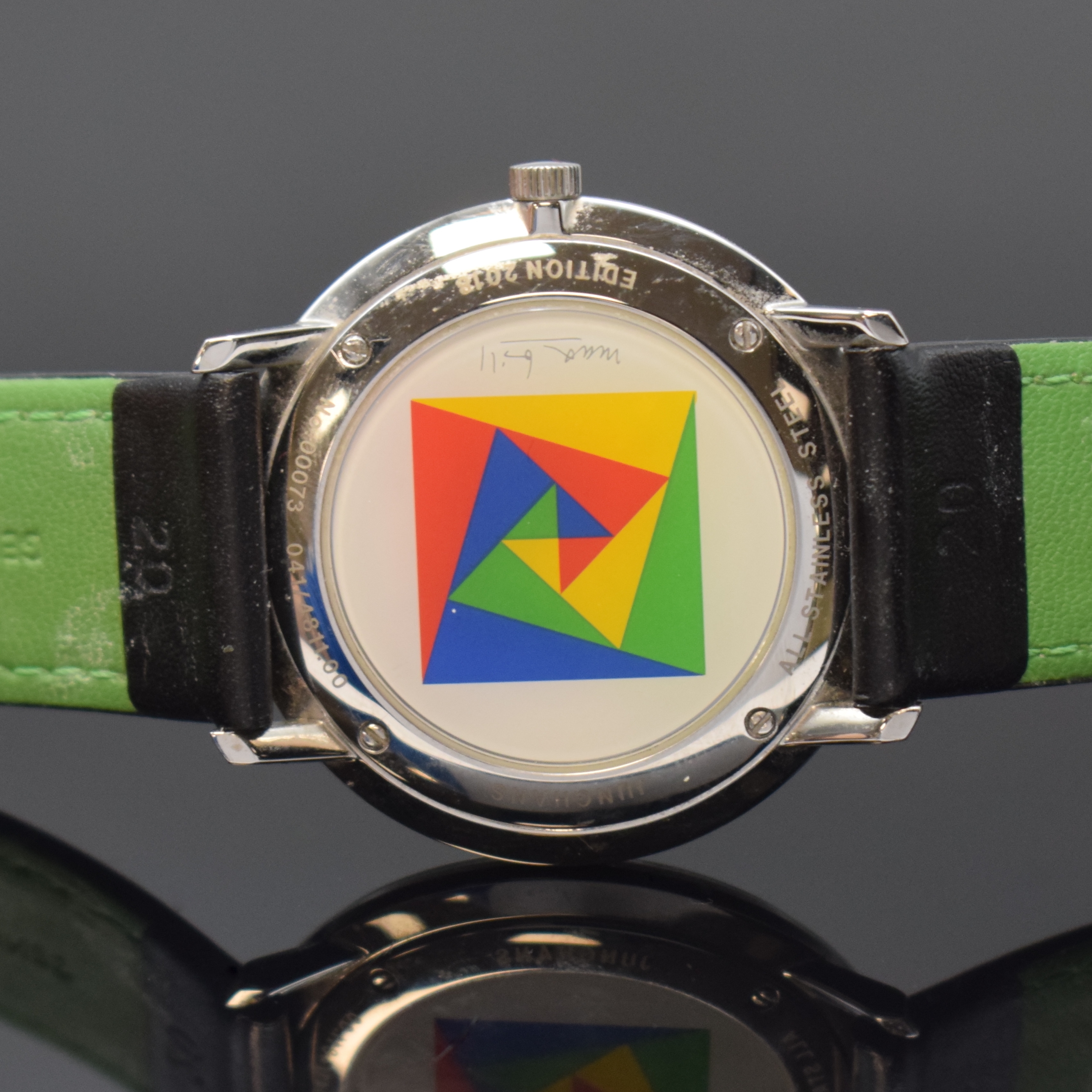 Detail c: JUNGHANS Max Bill Edition 2018 Armbanduhr Referenz 041/4811.00, quarz, Boden 4-fach verschr., orig. Lederband m. Dornschl., silb. Zifferbl. m. arab. ...