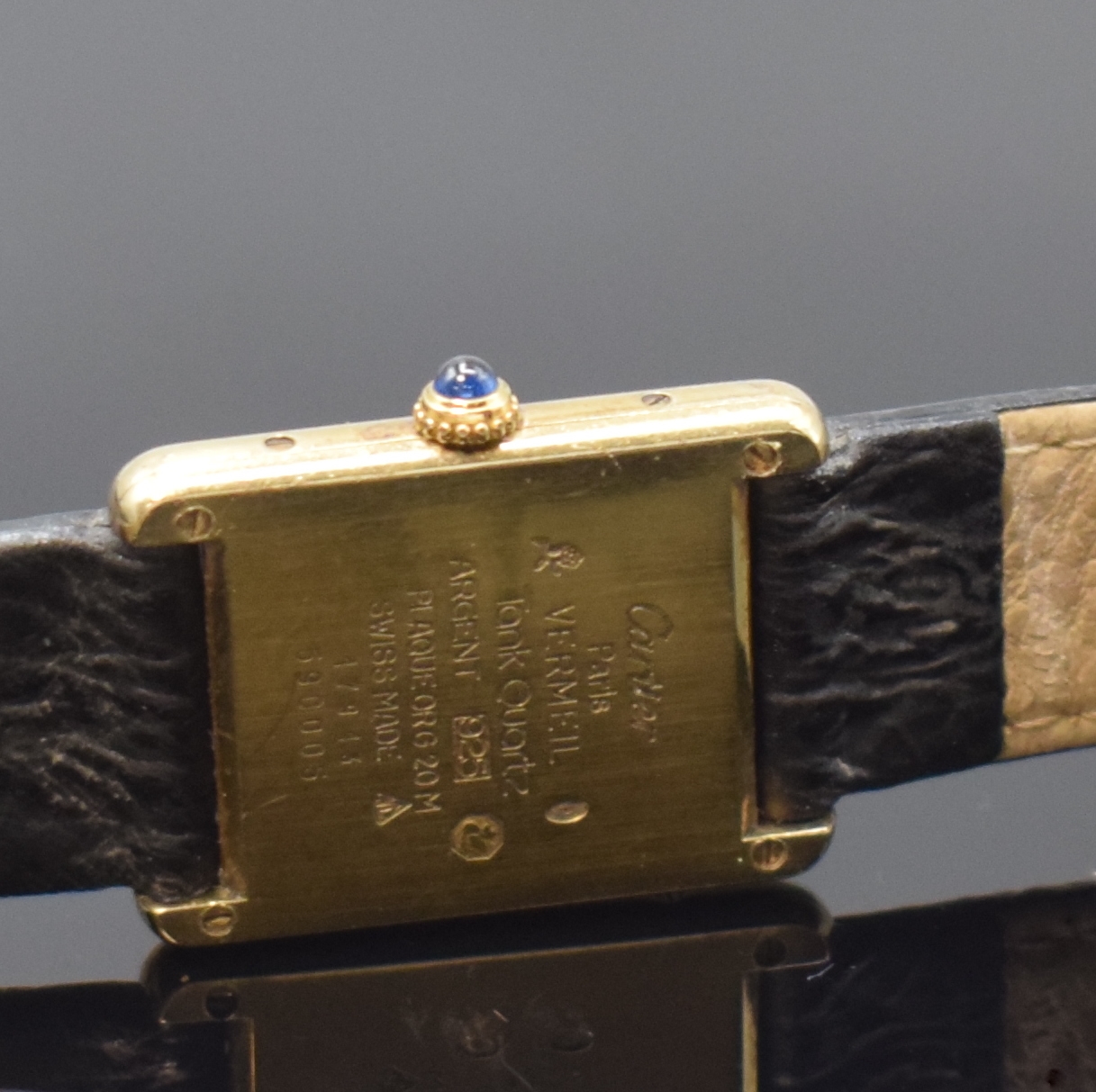 Detail c: CARTIER Damenarmbanduhr Tank Vermeil Referenz 590005, Schweiz um 1990, quarz, 2-teil. Silbergeh. verg., Boden 4-fach verschr., Schmuckkrone, silb. ...