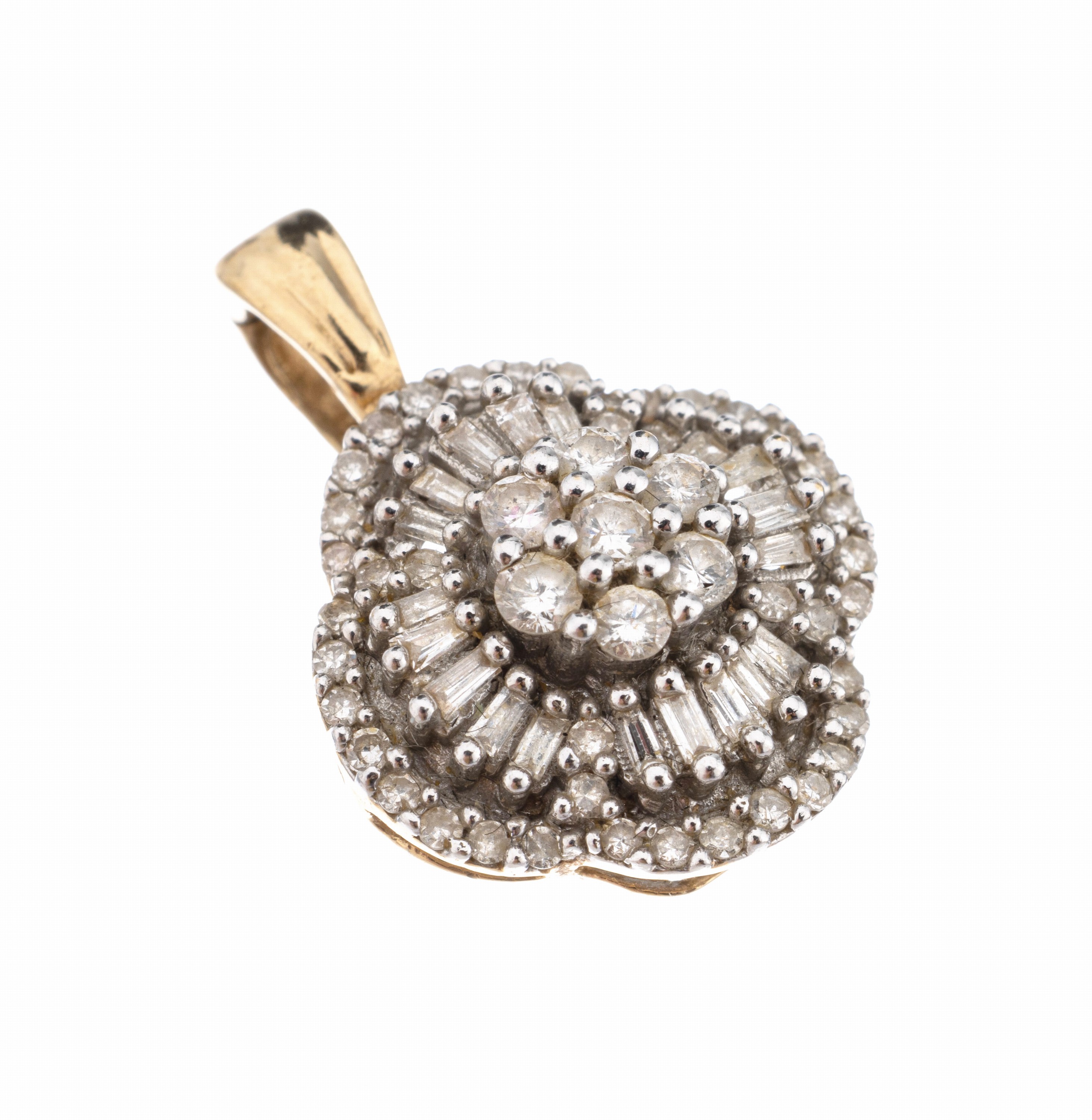 14 kt Gold Diamant-Anhänger, GG/WG 585/000, 7 Brillanten, 40 8/8-Diamanten und 20 Diamanttrapeze zus. ca. 0.54 ct Weiß/p1, ca. 1.9 g, D. ca. 12.8 ...