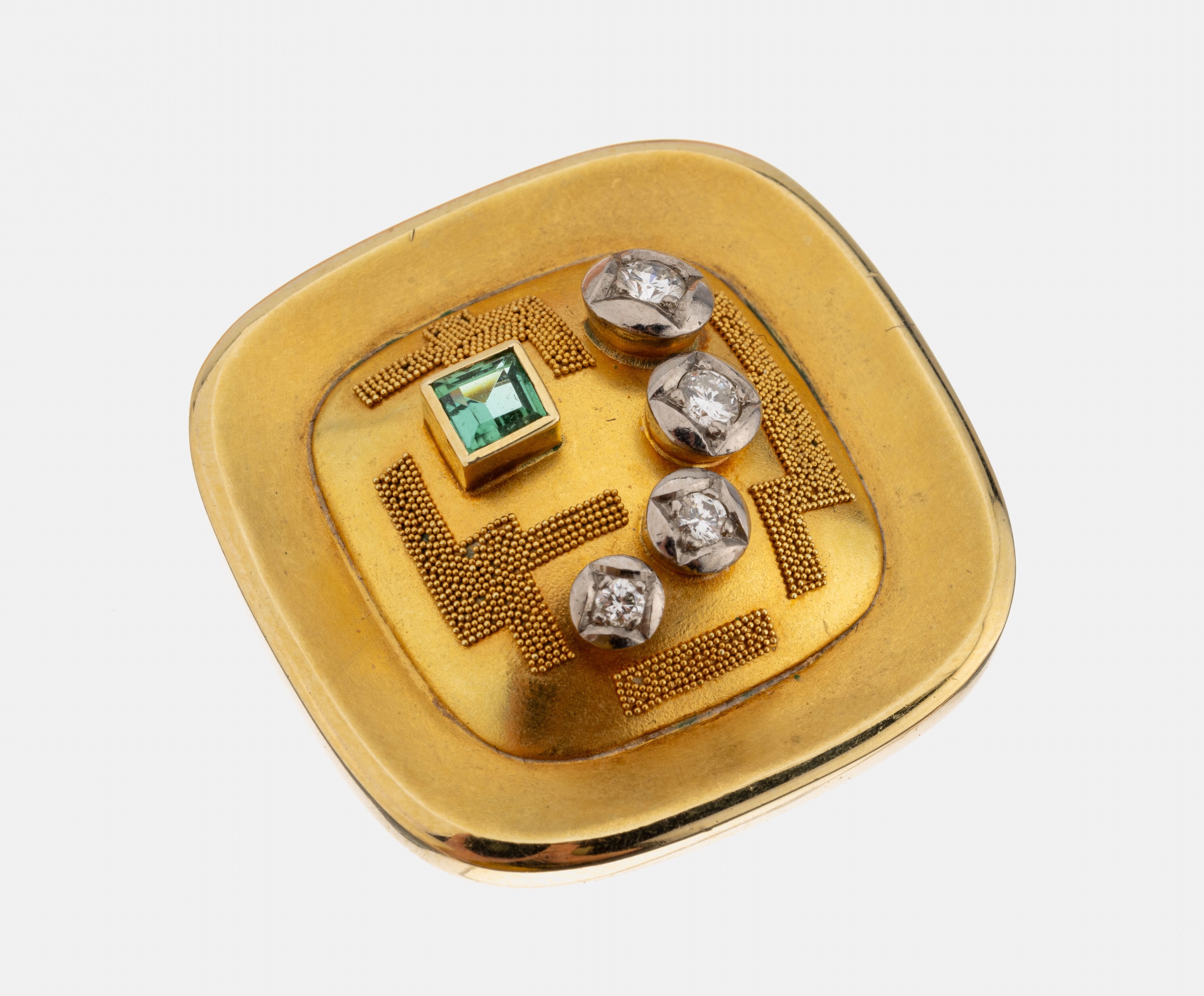 14 kt Gold Brillant-Turmalin-Brosche/Anhänger, GG 585/000, 1950er Jahre, 4 in WG gefasste Brillanten zus. ca. 0.11 ct Weiß/si, 1 Turmalin-Carree ...