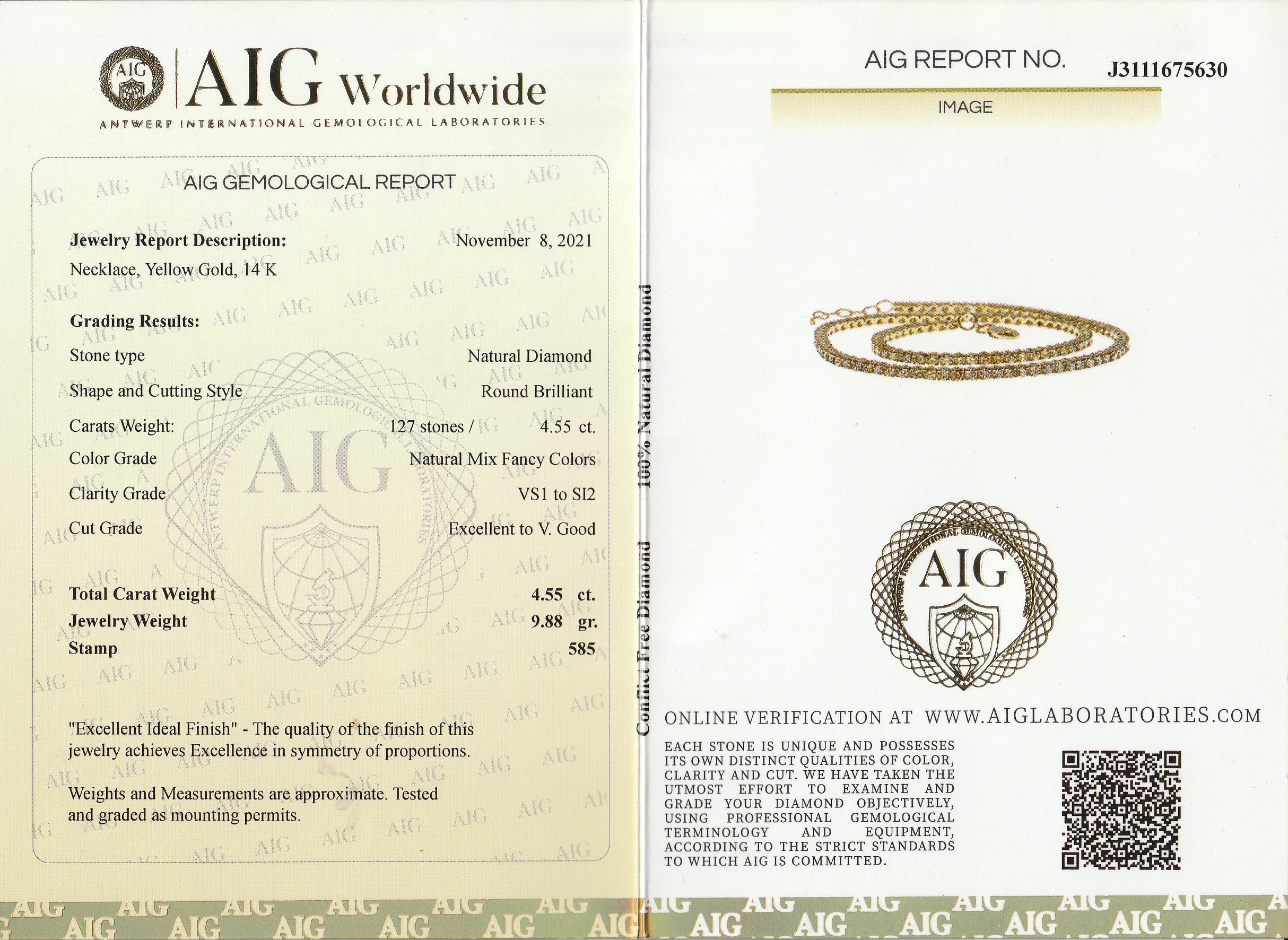 Detail b: 14 kt Gold Brillant-Collier, GG 585/000, 127 Brillanten zus. ca. 4.55 ct natural Mix fancy color/vs-si 2/p1, ca. 9.8 g, L. ca. 40 cm, ...