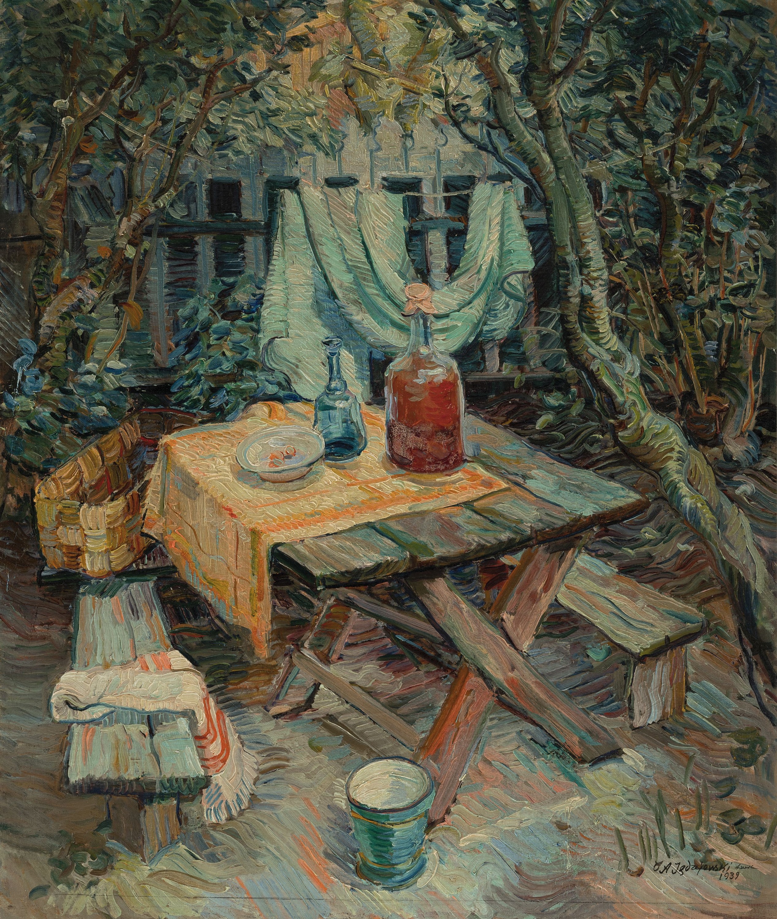 Unbekannter polnischer Künstler, datiert 1939, Stillleben im Garten, Öl/Lwd, rechts unten sign. und dat., ca. 95x80cm, R. ca. 106x91cm, expressive ...