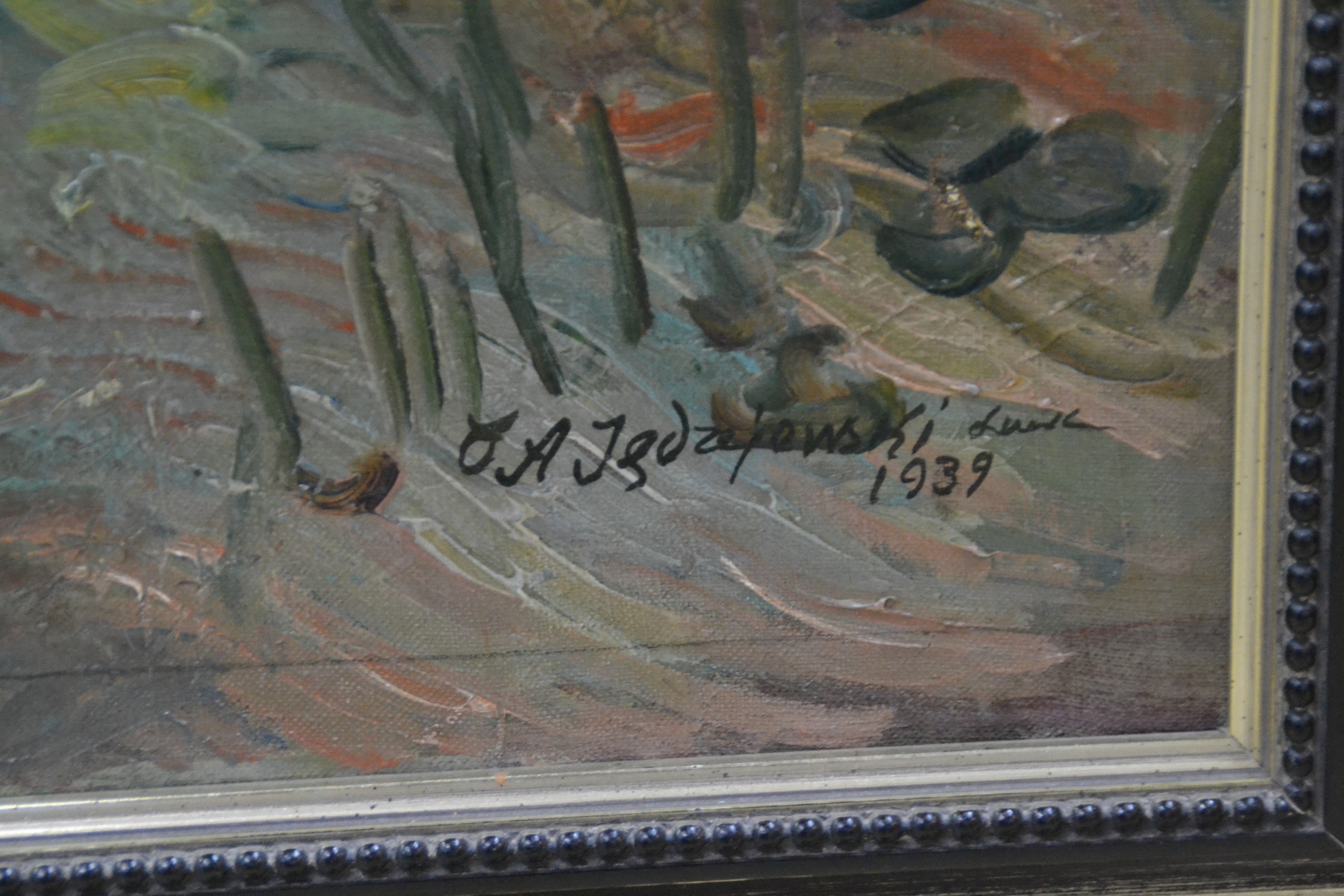 Detail b: Unbekannter polnischer Künstler, datiert 1939, Stillleben im Garten, Öl/Lwd, rechts unten sign. und dat., ca. 95x80cm, R. ca. 106x91cm, expressive ...