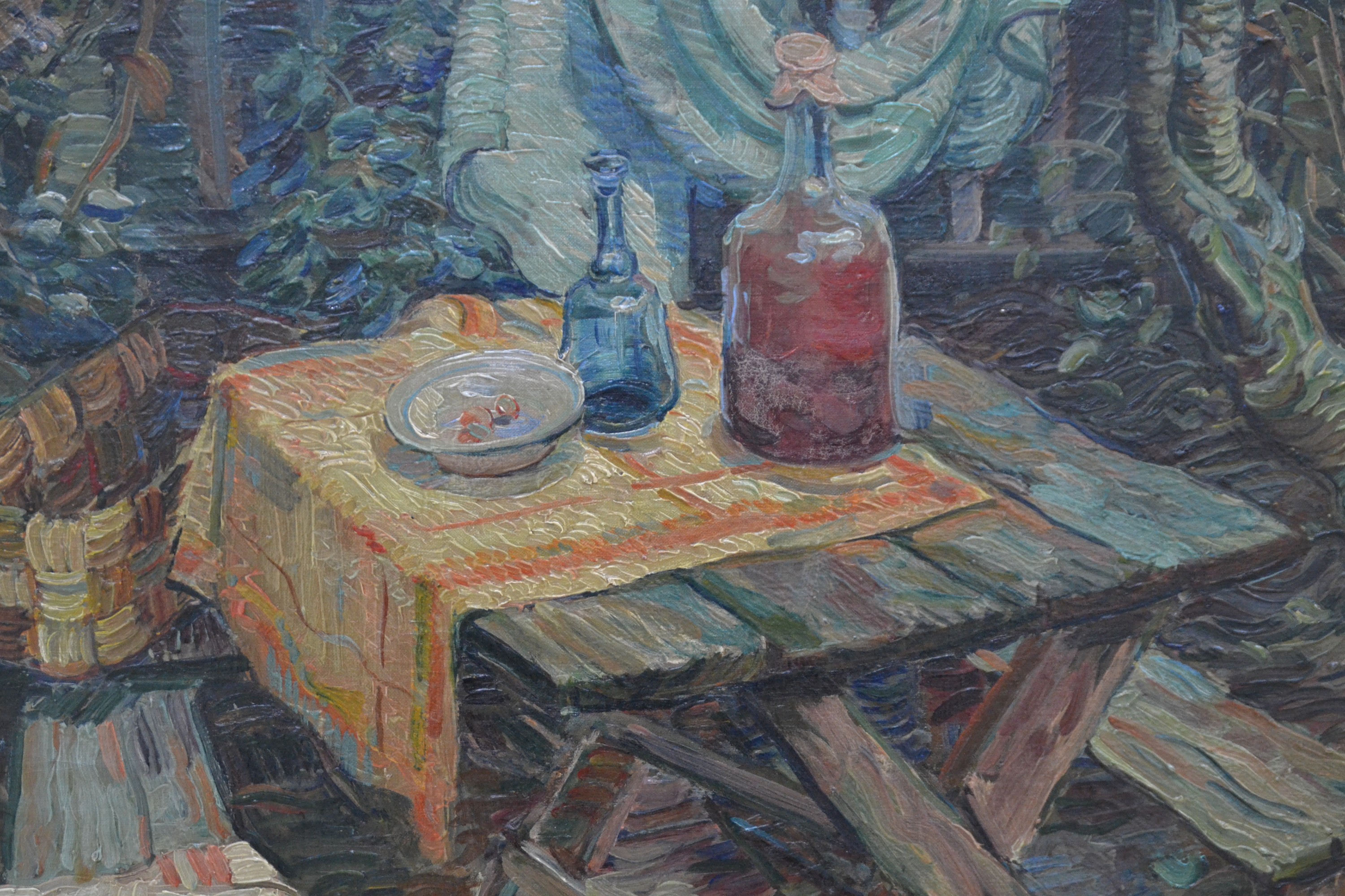 Detail c: Unbekannter polnischer Künstler, datiert 1939, Stillleben im Garten, Öl/Lwd, rechts unten sign. und dat., ca. 95x80cm, R. ca. 106x91cm, expressive ...