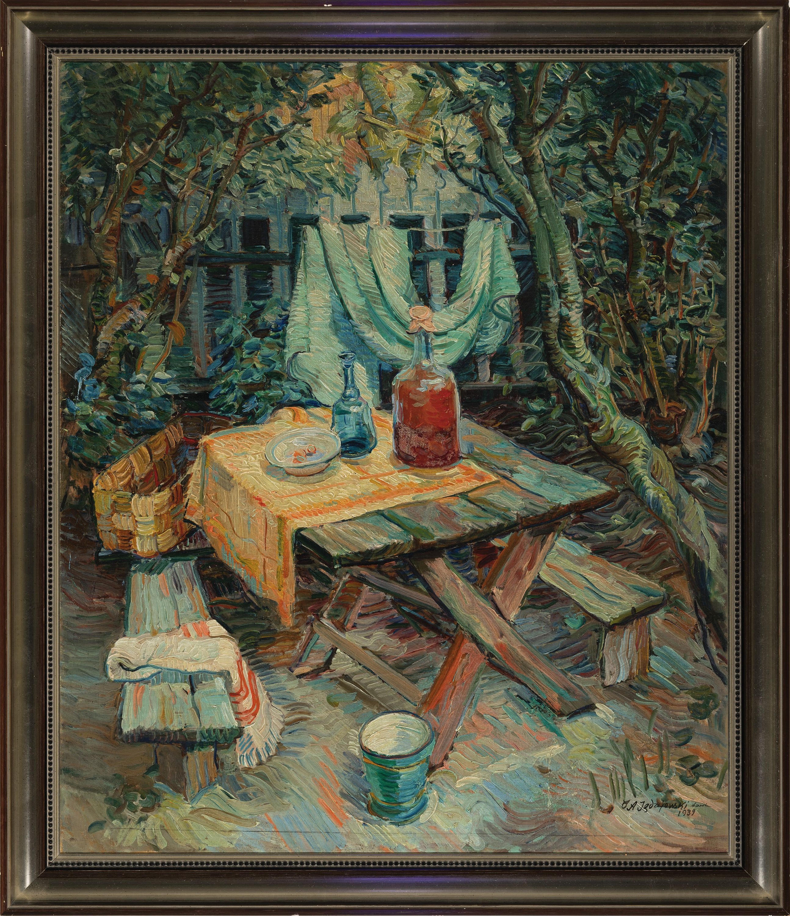 Detail k: Unbekannter polnischer Künstler, datiert 1939, Stillleben im Garten, Öl/Lwd, rechts unten sign. und dat., ca. 95x80cm, R. ca. 106x91cm, expressive ...