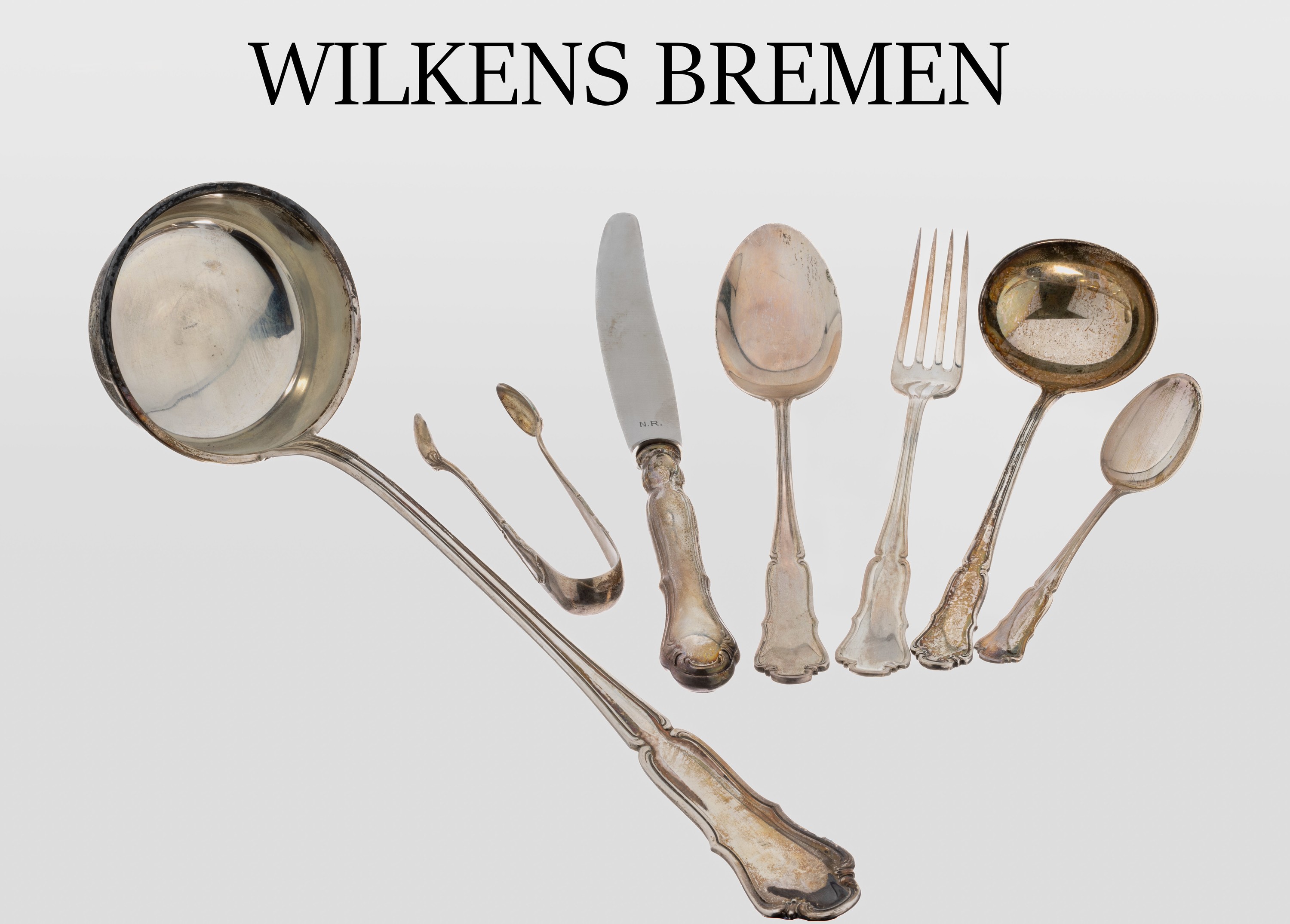 33-tlg. Besteck Wilkens Bremen, 800er Silber, best. aus: 6 Menuelöffel, 6 Menuegabeln, 6 Menuemesser, (Klingen Stahl, Griffe gefüllt), 12 ...