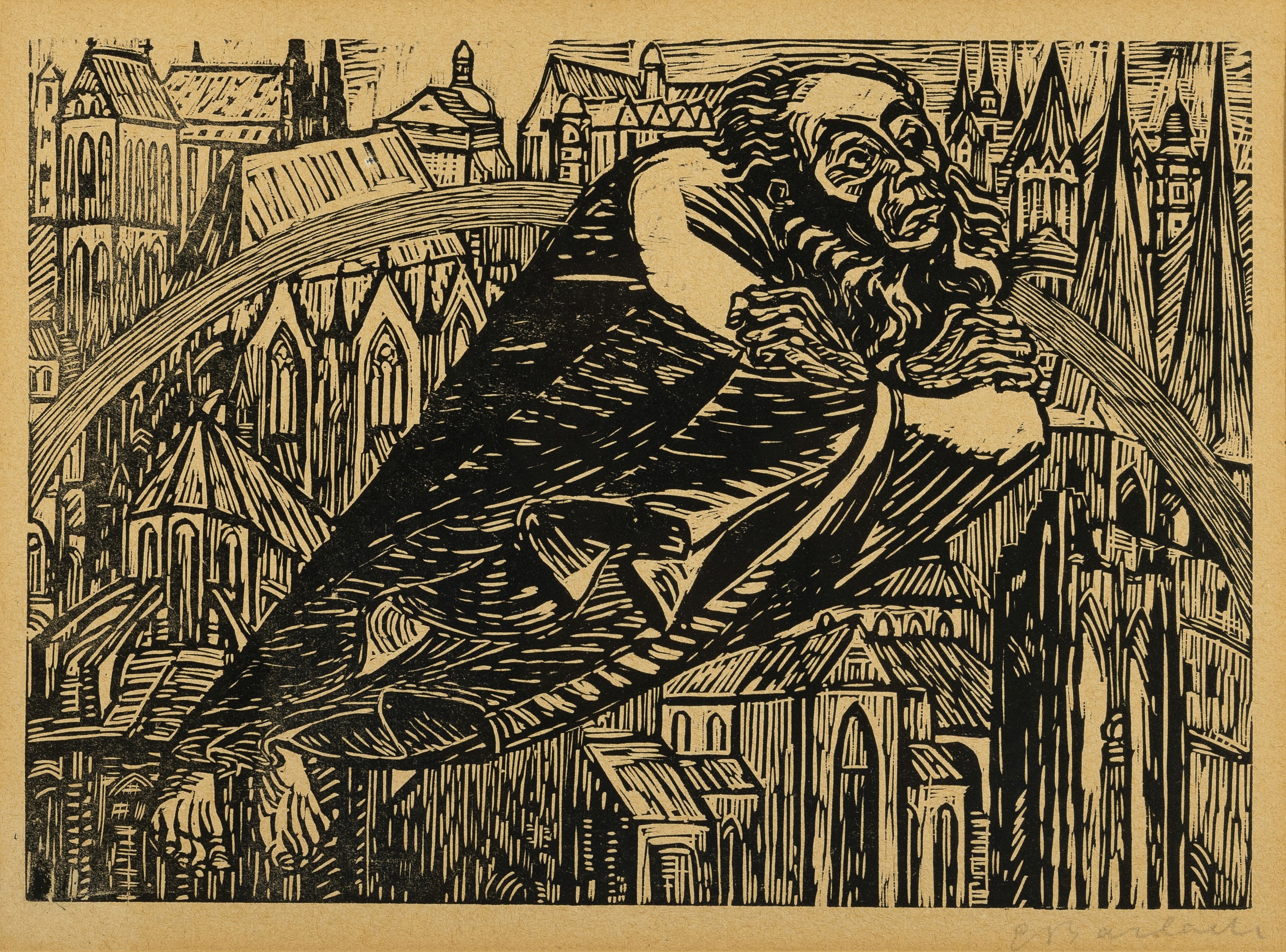 Ernst Barlach, 1870-1938, Die Dome, zu Die Wandlungen Gottes, Holzschnitt, rechts unten handsign., gebräunt, ca. 25x36cm, PP, u.Gl., R. ca. 48x57cm