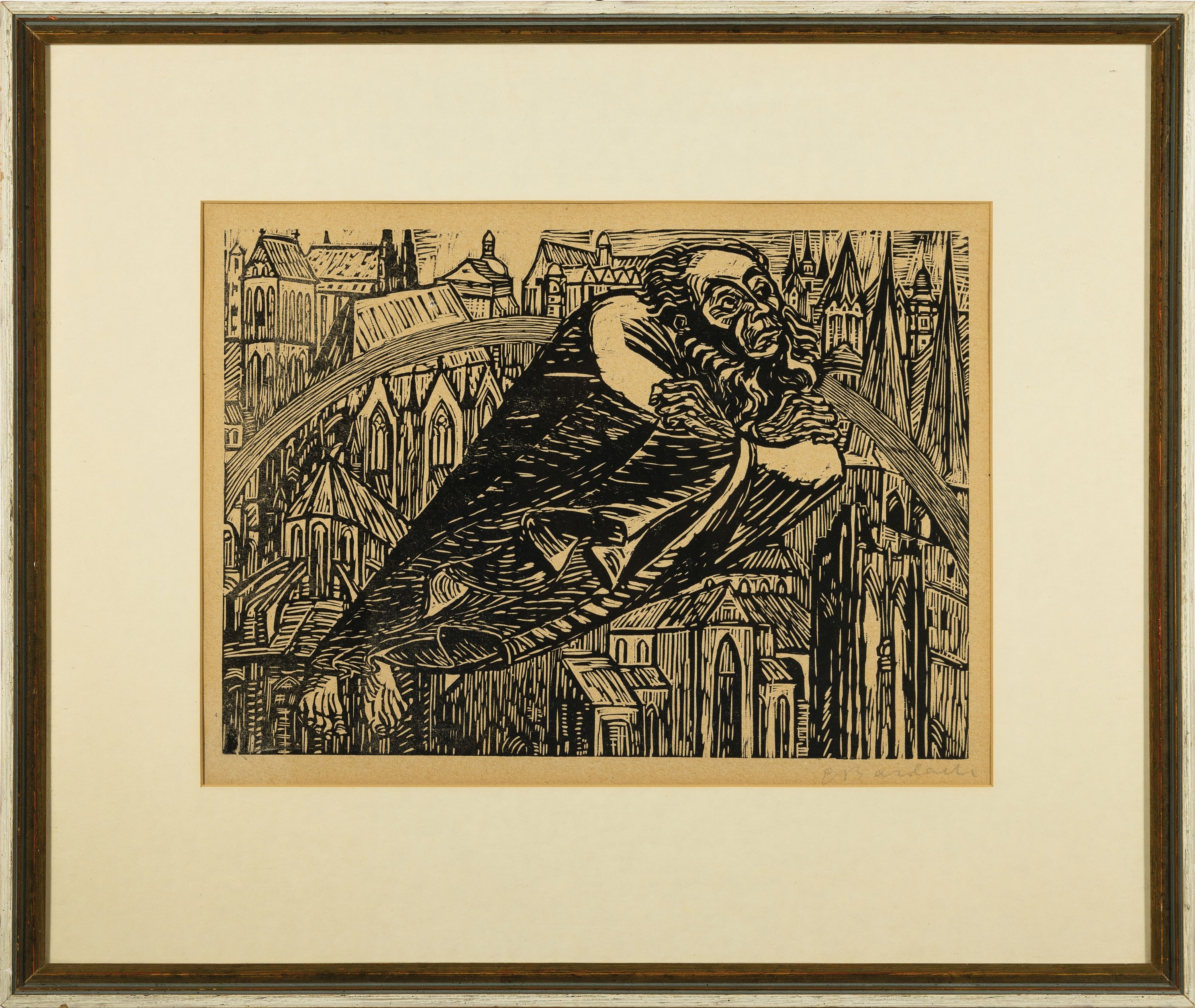 Detail k: Ernst Barlach, 1870-1938, Die Dome, zu Die Wandlungen Gottes, Holzschnitt, rechts unten handsign., gebräunt, ca. 25x36cm, PP, u.Gl., R. ca. 48x57cm