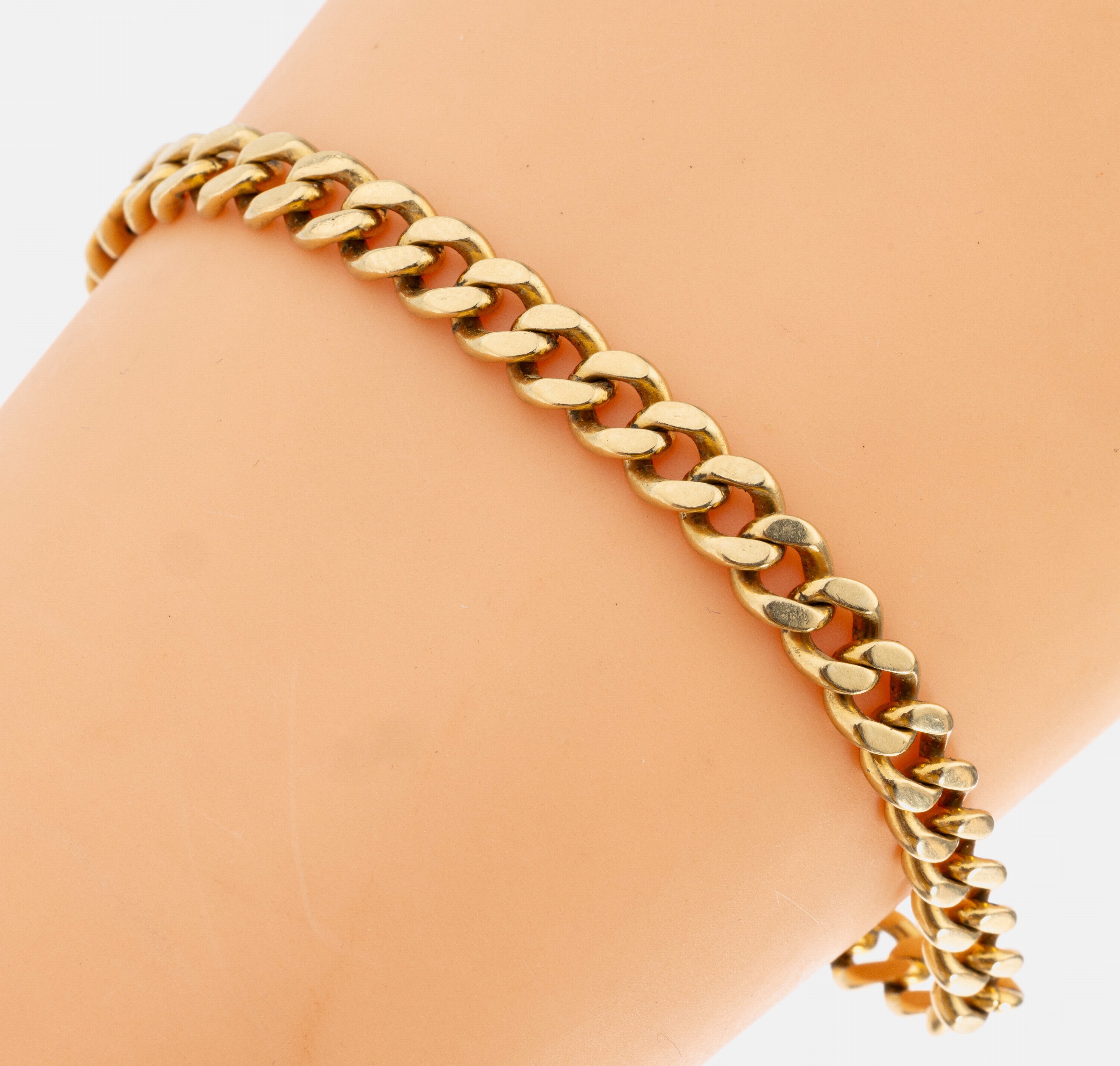 14 kt Gold Flachpanzer-Armband, GG 585/000,L. ca. 24 cm, Karabinerschließe, ca. 19.9 g
