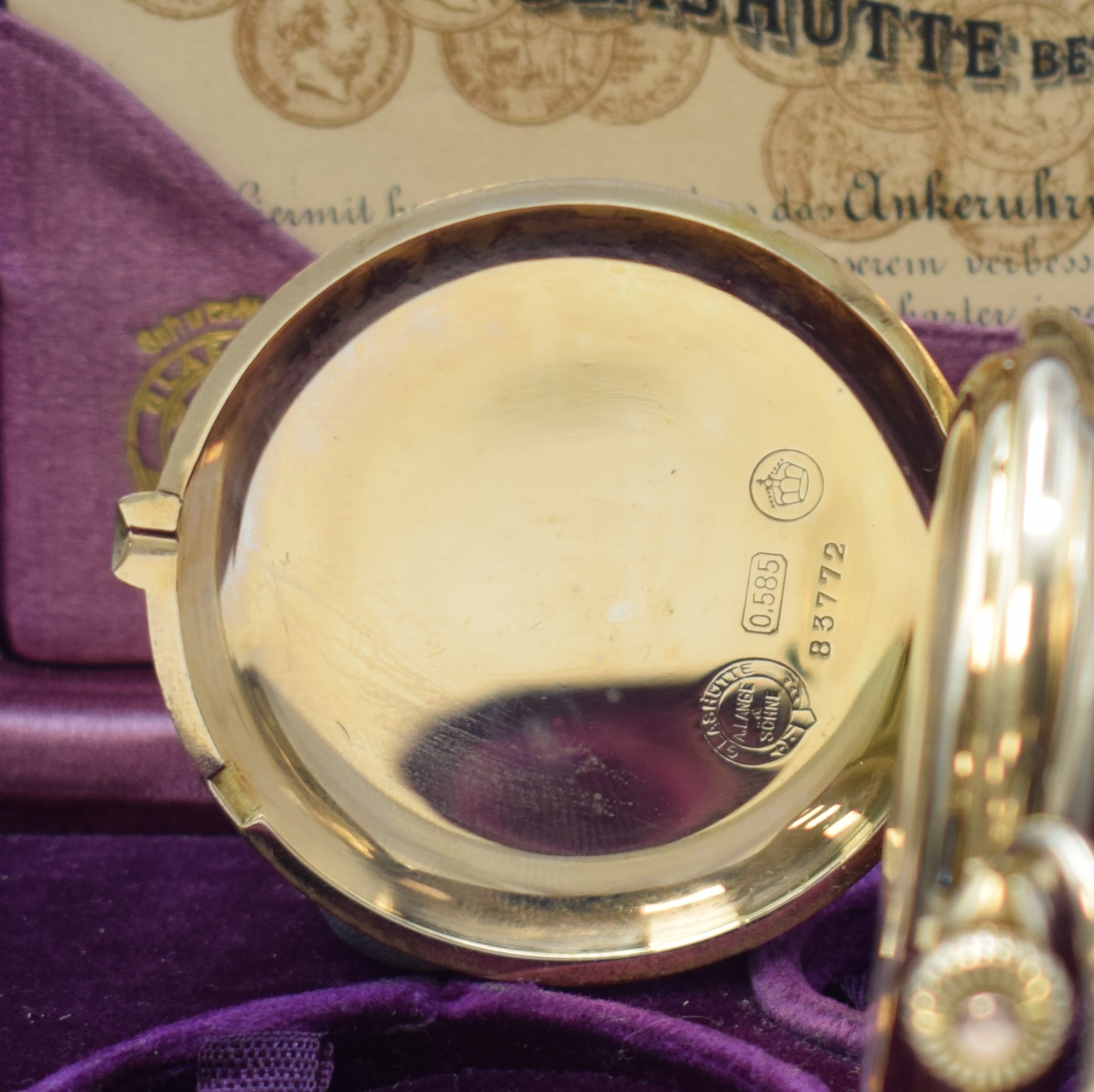 Detail a: A.LANGE & SÖHNE -DUF- Herrensavonette in GG 585/000 mit original Box und Papier, Deutschland um 1920, glattes 3-Deckel Lucia Goldgeh. m. à-goutte ...
