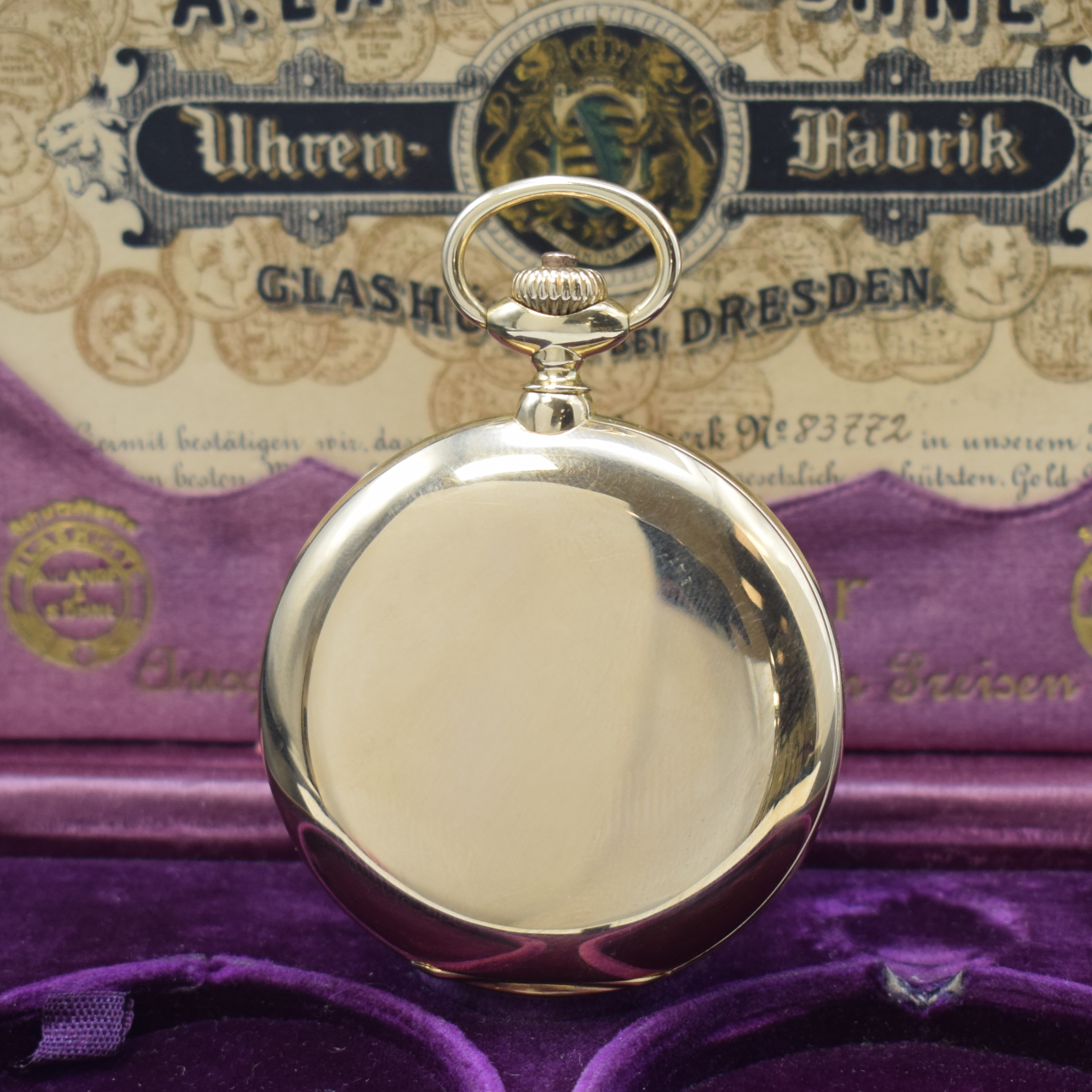 Detail b: A.LANGE & SÖHNE -DUF- Herrensavonette in GG 585/000 mit original Box und Papier, Deutschland um 1920, glattes 3-Deckel Lucia Goldgeh. m. à-goutte ...