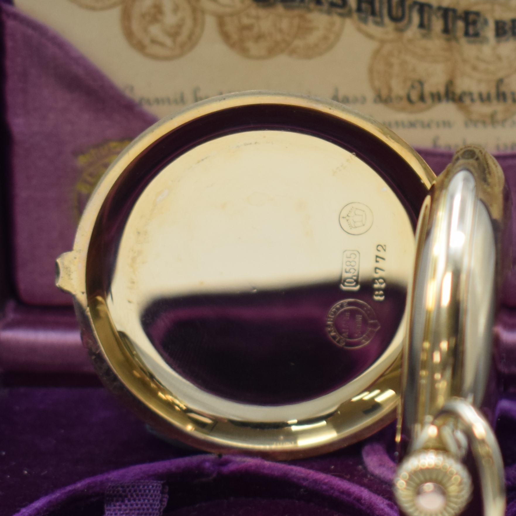 Detail c: A.LANGE & SÖHNE -DUF- Herrensavonette in GG 585/000 mit original Box und Papier, Deutschland um 1920, glattes 3-Deckel Lucia Goldgeh. m. à-goutte ...