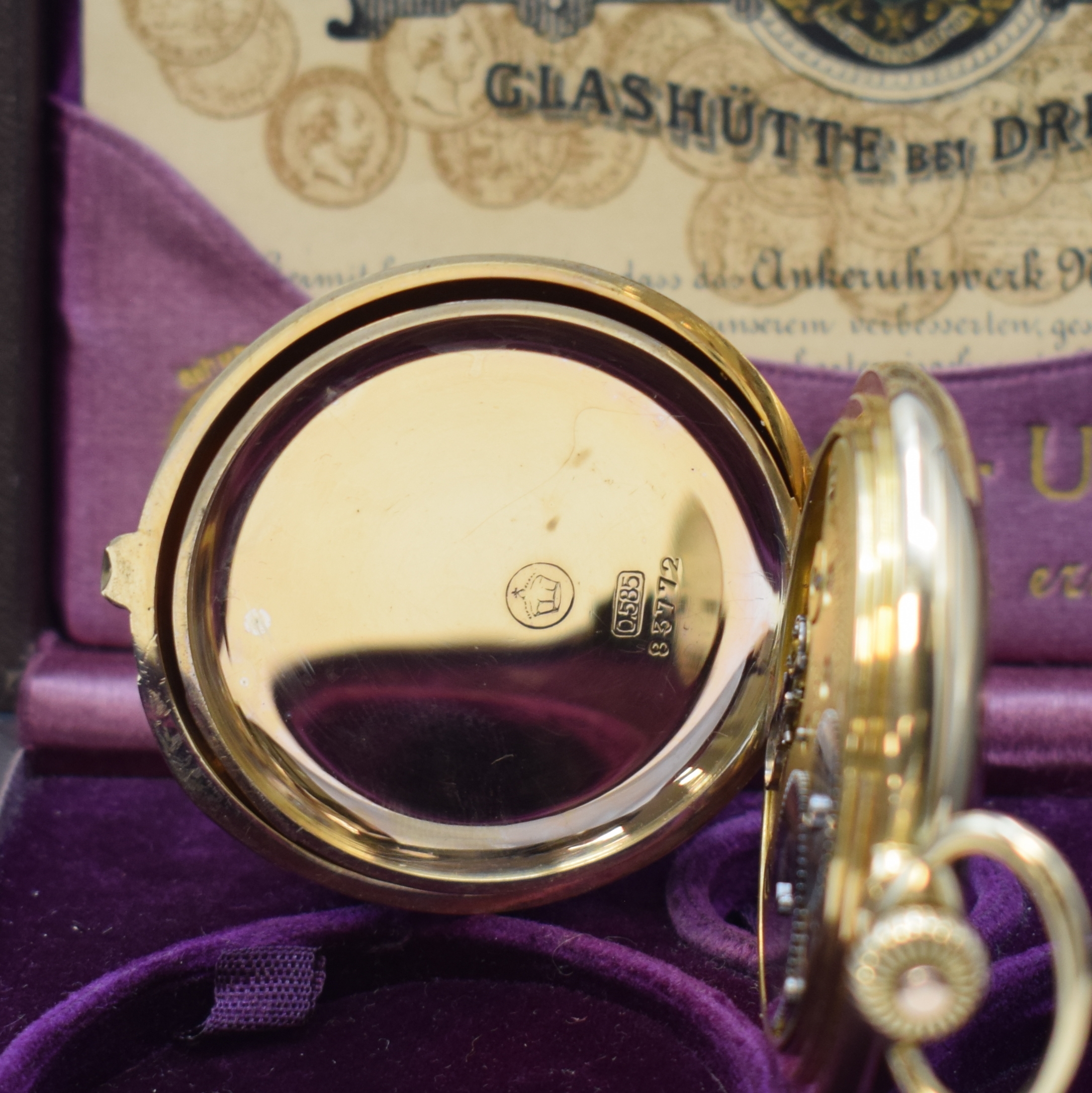 Detail e: A.LANGE & SÖHNE -DUF- Herrensavonette in GG 585/000 mit original Box und Papier, Deutschland um 1920, glattes 3-Deckel Lucia Goldgeh. m. à-goutte ...