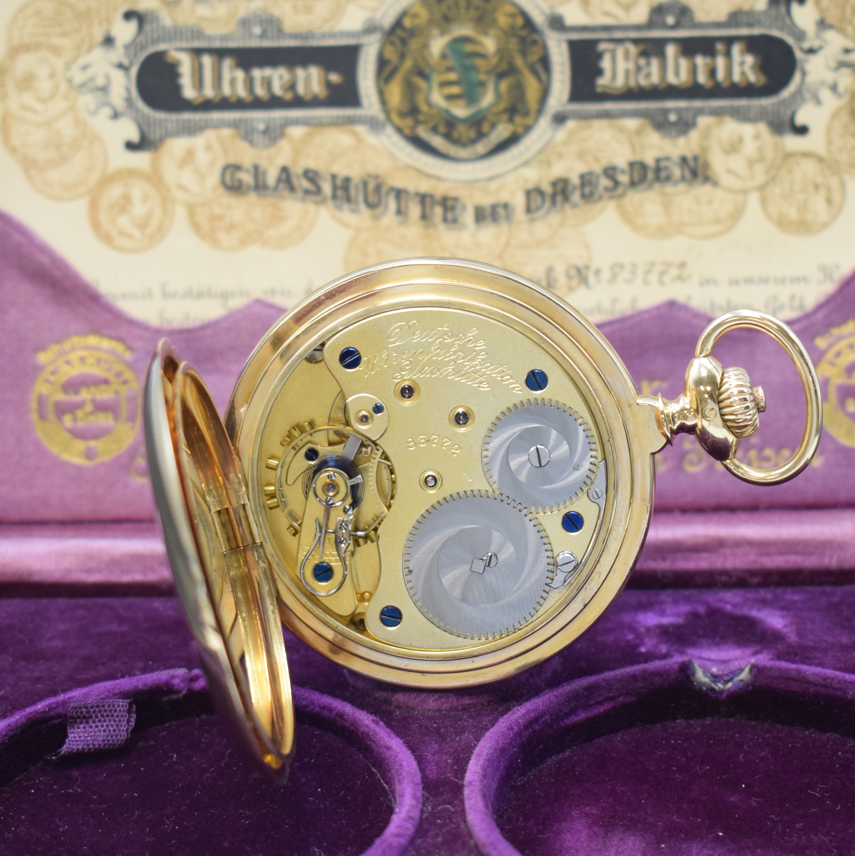 Detail f: A.LANGE & SÖHNE -DUF- Herrensavonette in GG 585/000 mit original Box und Papier, Deutschland um 1920, glattes 3-Deckel Lucia Goldgeh. m. à-goutte ...