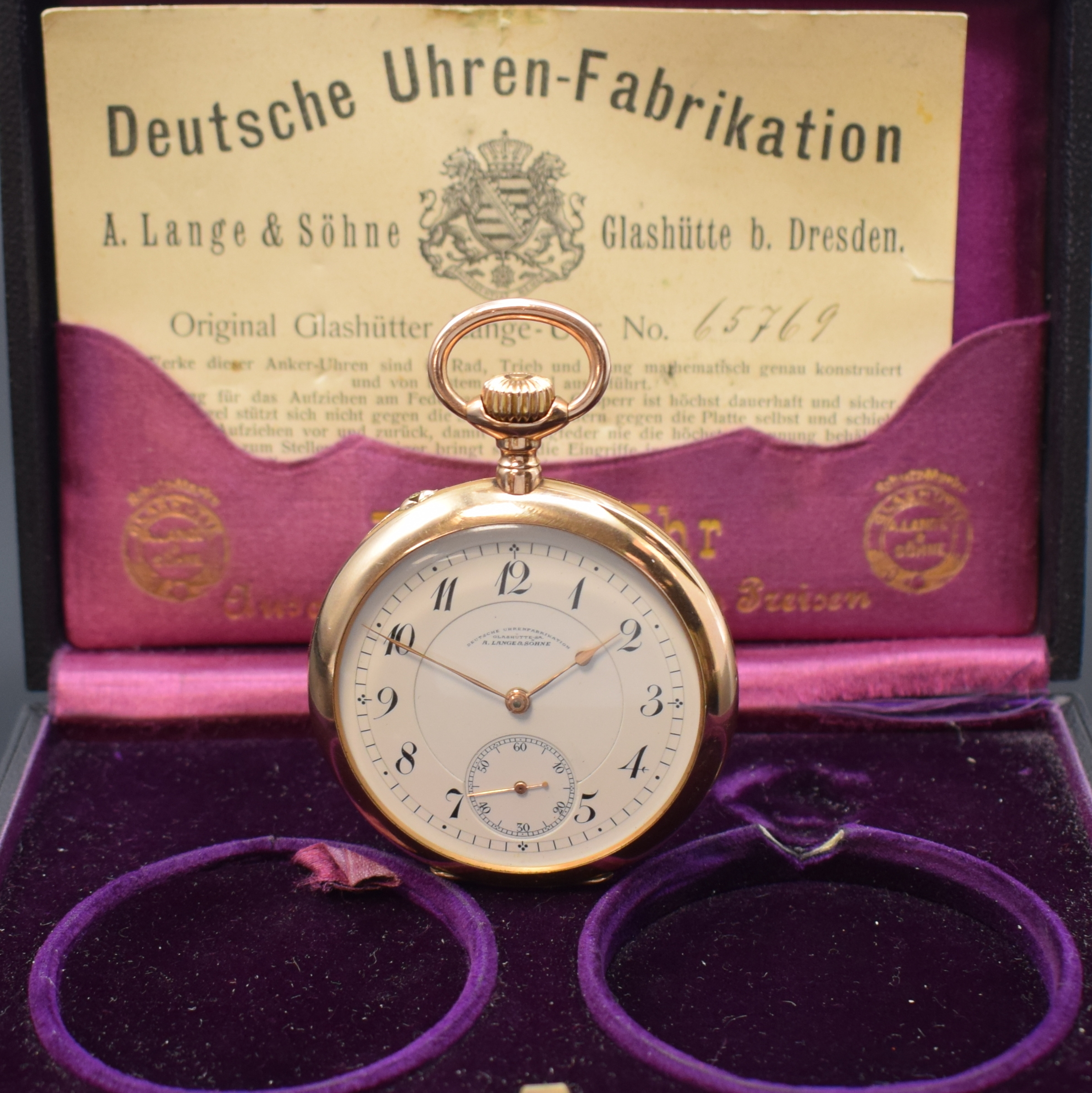 A. LANGE & SÖHNE -DUF- offene Taschenuhr mit original Box und Papier in RoseG 585/000, Deutschland um 1915, glattes 2-Deckel Lucia- Goldgeh., ...