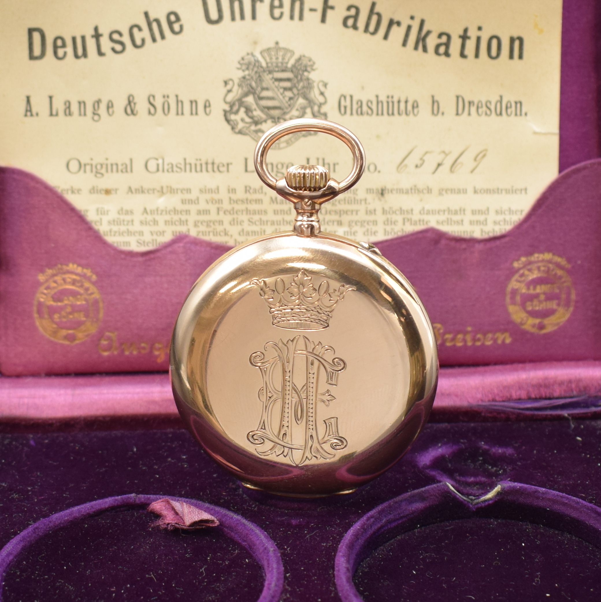 Detail a: A. LANGE & SÖHNE -DUF- offene Taschenuhr mit original Box und Papier in RoseG 585/000, Deutschland um 1915, glattes 2-Deckel Lucia- Goldgeh., ...