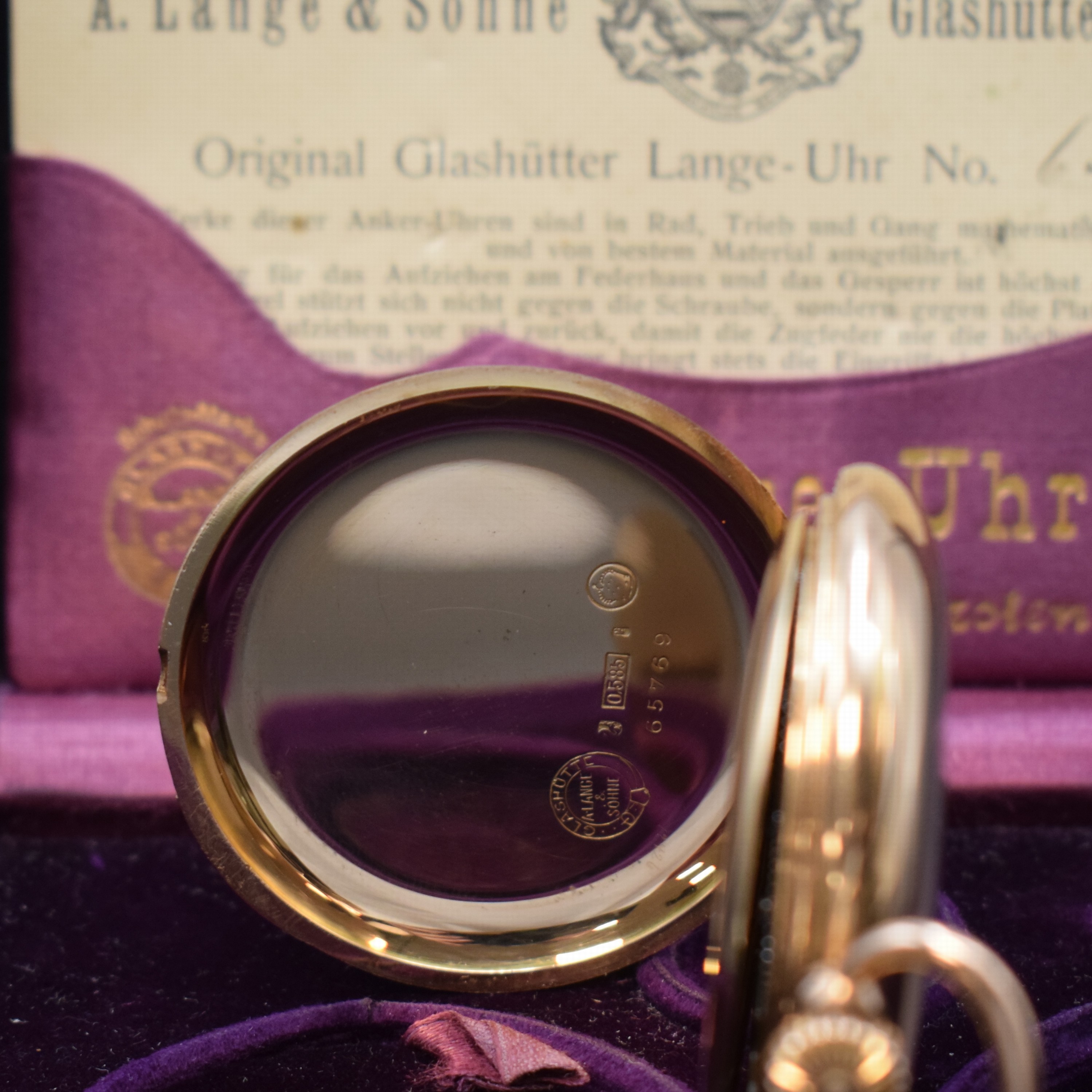 Detail b: A. LANGE & SÖHNE -DUF- offene Taschenuhr mit original Box und Papier in RoseG 585/000, Deutschland um 1915, glattes 2-Deckel Lucia- Goldgeh., ...