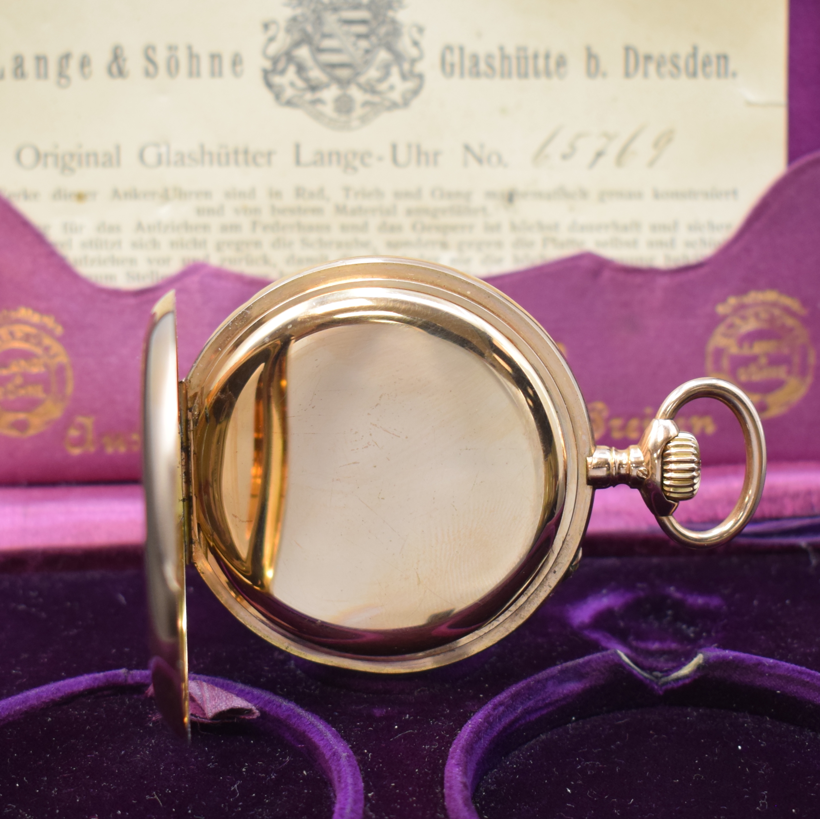 Detail c: A. LANGE & SÖHNE -DUF- offene Taschenuhr mit original Box und Papier in RoseG 585/000, Deutschland um 1915, glattes 2-Deckel Lucia- Goldgeh., ...
