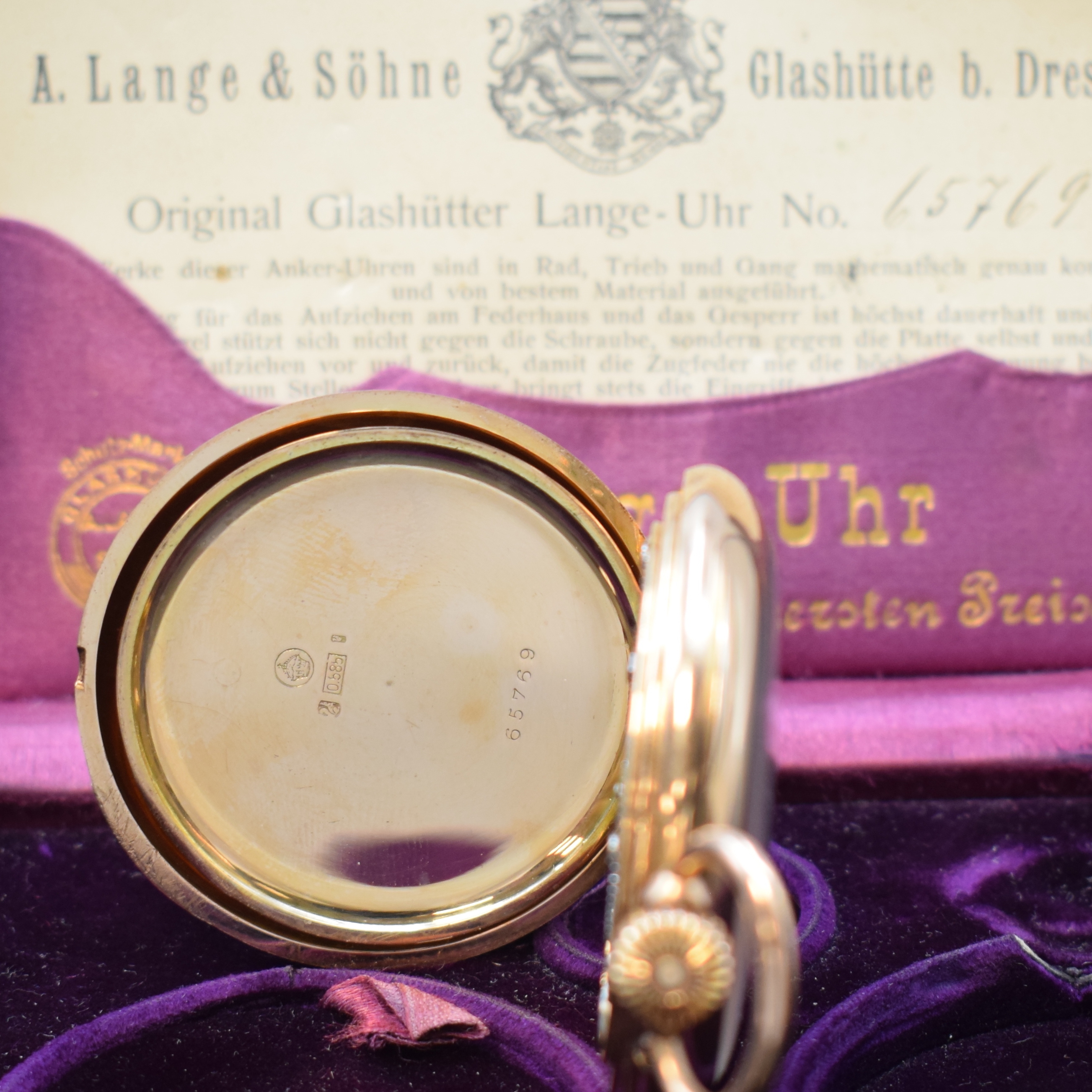 Detail d: A. LANGE & SÖHNE -DUF- offene Taschenuhr mit original Box und Papier in RoseG 585/000, Deutschland um 1915, glattes 2-Deckel Lucia- Goldgeh., ...