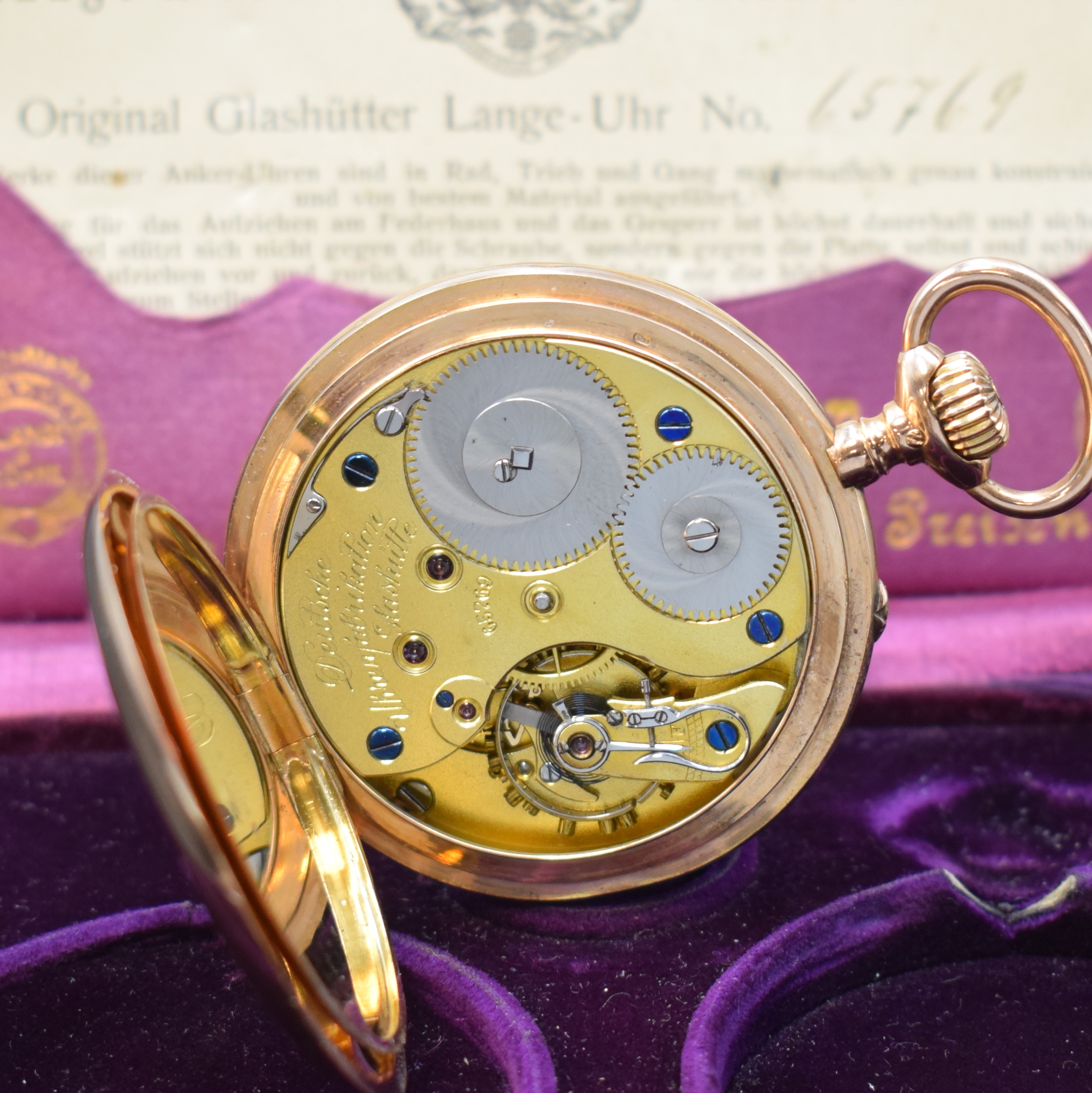 Detail e: A. LANGE & SÖHNE -DUF- offene Taschenuhr mit original Box und Papier in RoseG 585/000, Deutschland um 1915, glattes 2-Deckel Lucia- Goldgeh., ...